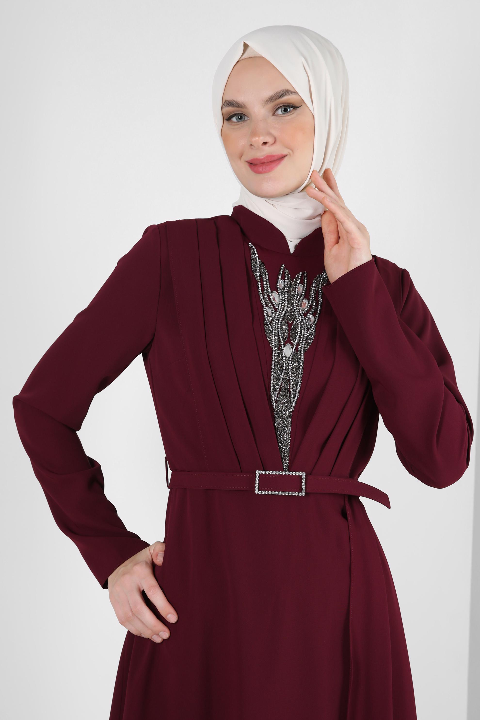 Tesettür giyim MÜRDÜM TAŞ BASKILI DRAPE DETAYLI PANTOLONLU TAKIM 30334