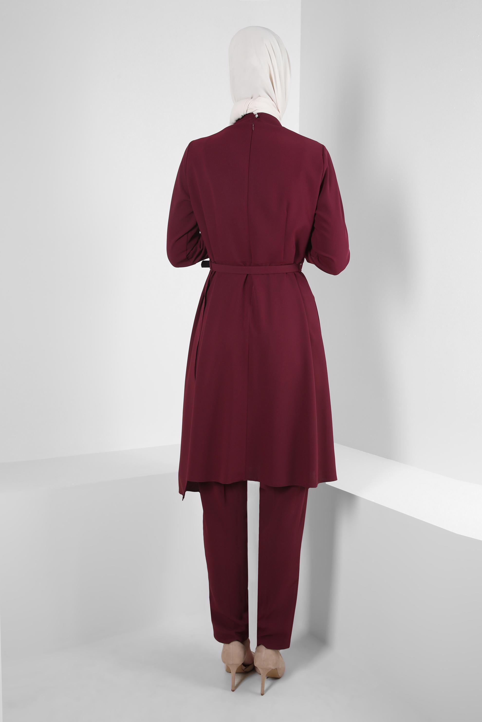 Tesettür giyim MÜRDÜM TAŞ BASKILI DRAPE DETAYLI PANTOLONLU TAKIM 30334