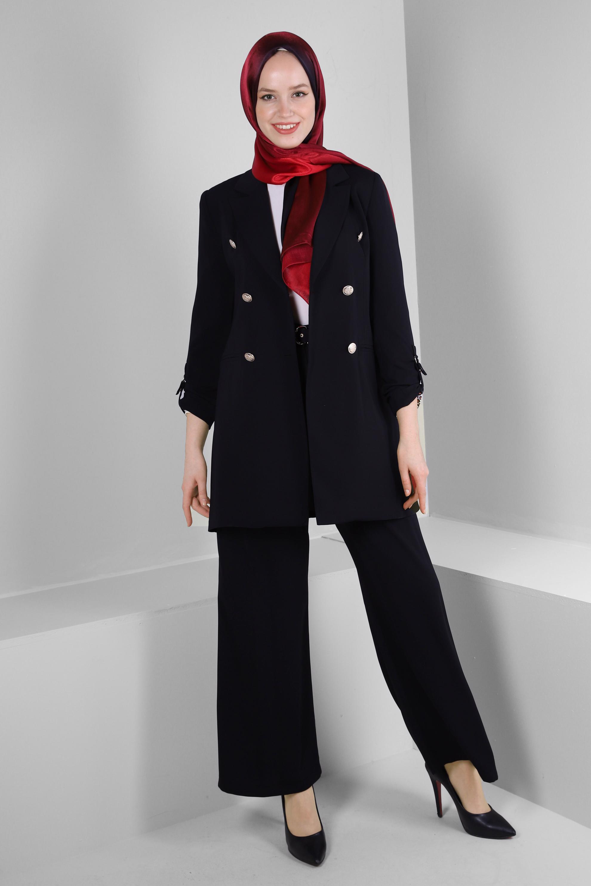 Tesettür giyim SİYAH KRUVAZE YAKA İKİLİ PANTOLONLU TAKIM 30335