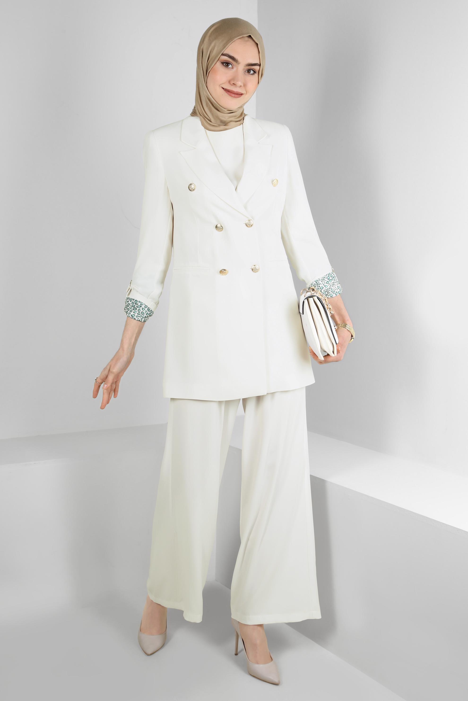 Tesettür giyim BEYAZ KRUVAZE YAKA İKİLİ PANTOLONLU TAKIM 30335