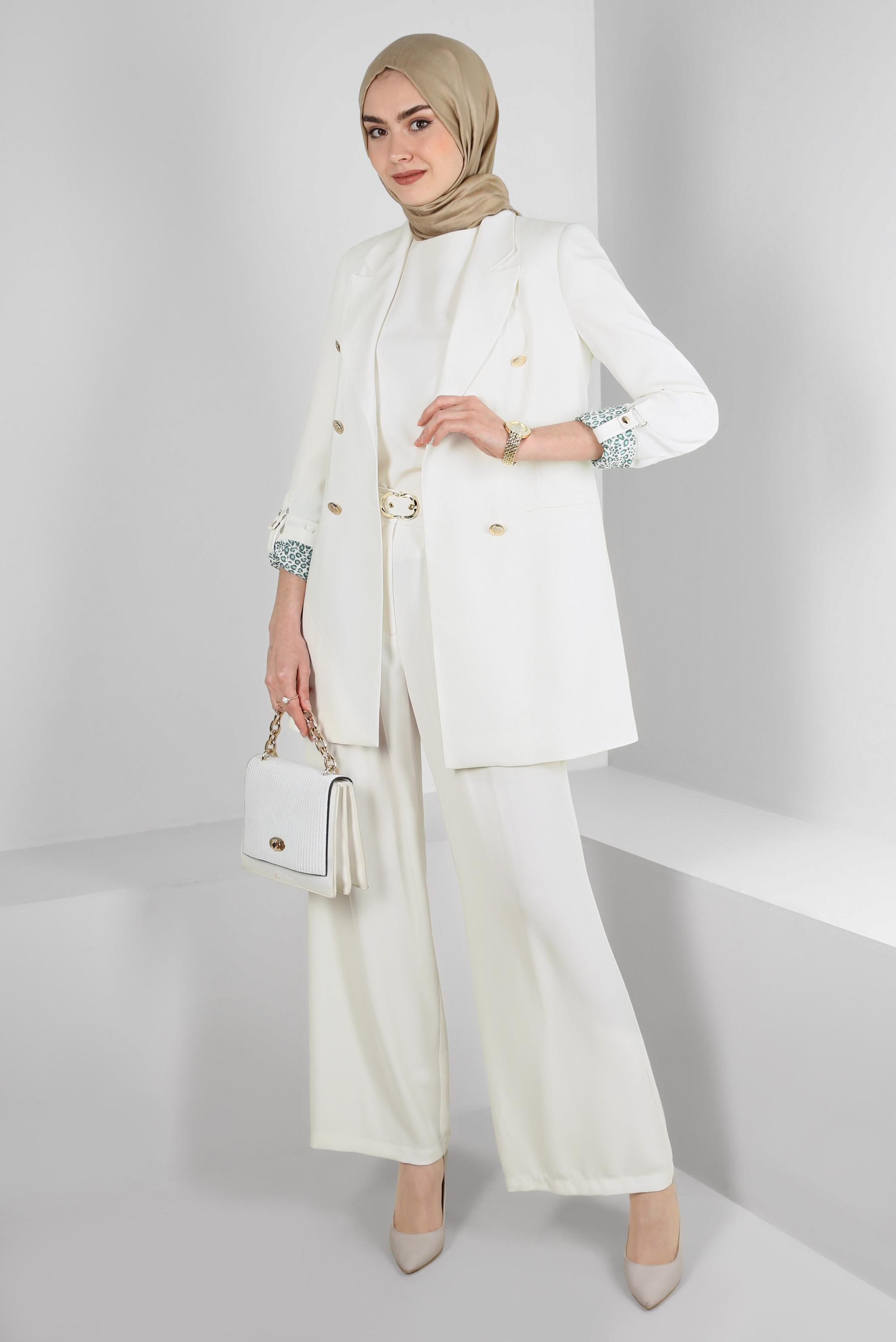 Tesettür giyim BEYAZ KRUVAZE YAKA İKİLİ PANTOLONLU TAKIM 30335
