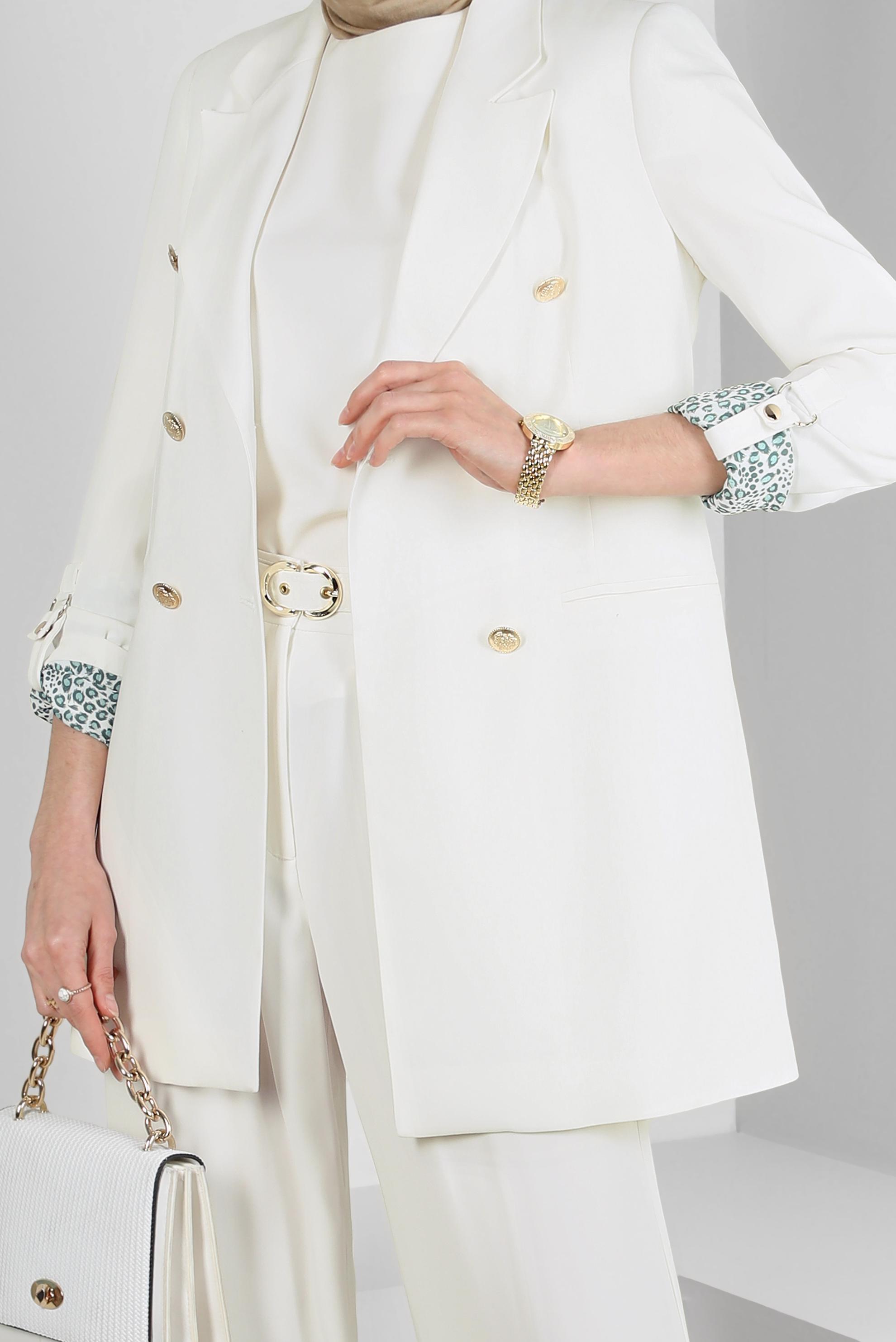 Tesettür giyim BEYAZ KRUVAZE YAKA İKİLİ PANTOLONLU TAKIM 30335