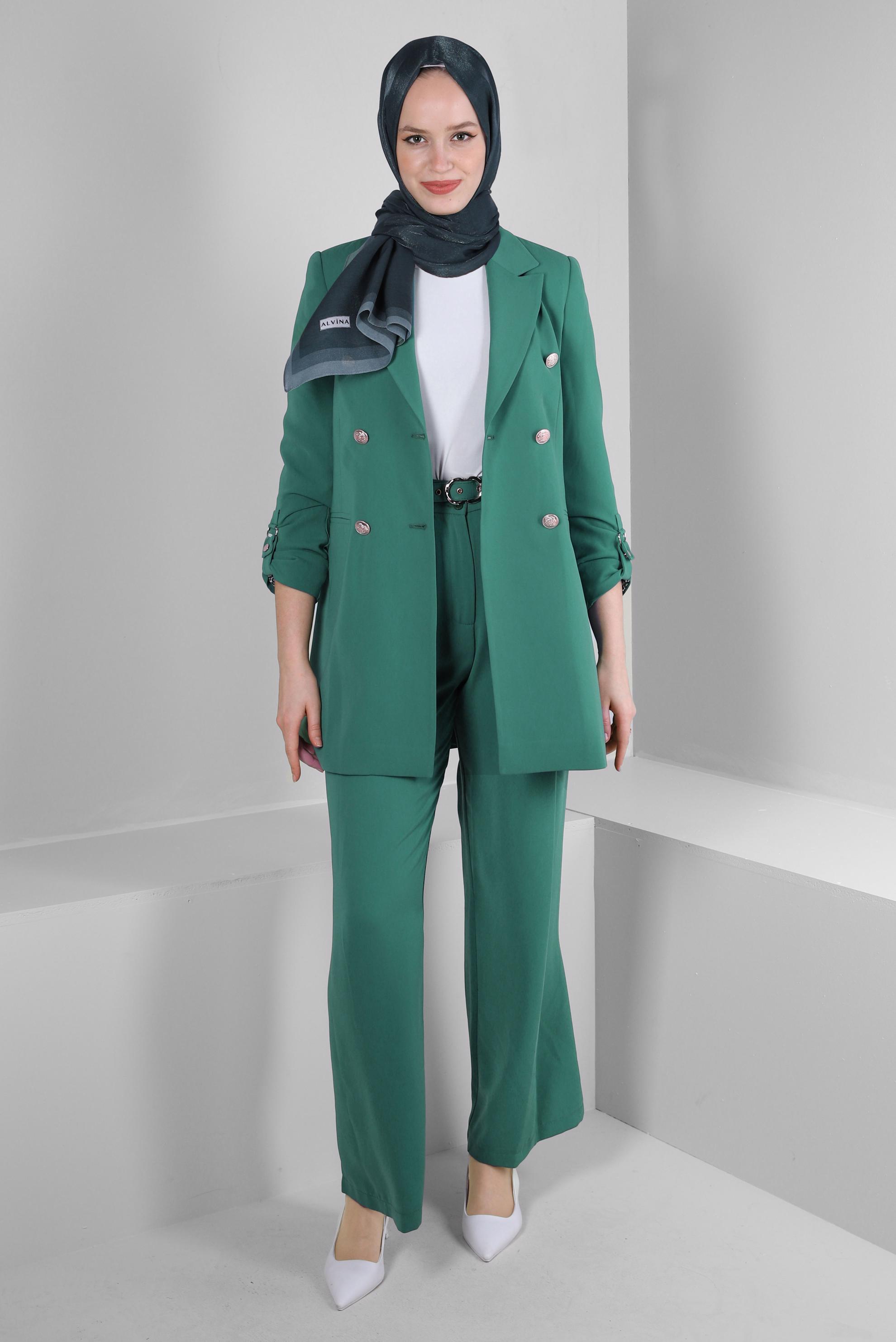 Tesettür giyim YEŞİL KRUVAZE YAKA İKİLİ PANTOLONLU TAKIM 30335