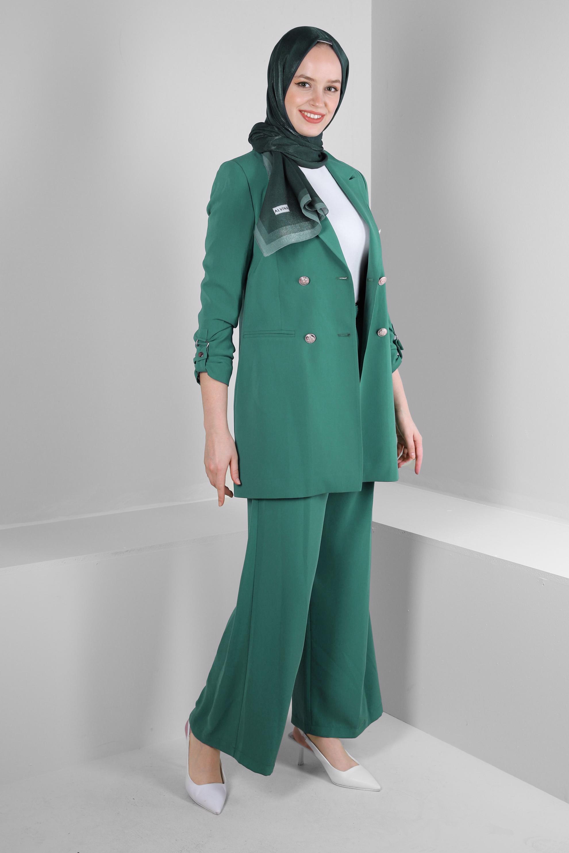 Tesettür giyim YEŞİL KRUVAZE YAKA İKİLİ PANTOLONLU TAKIM 30335