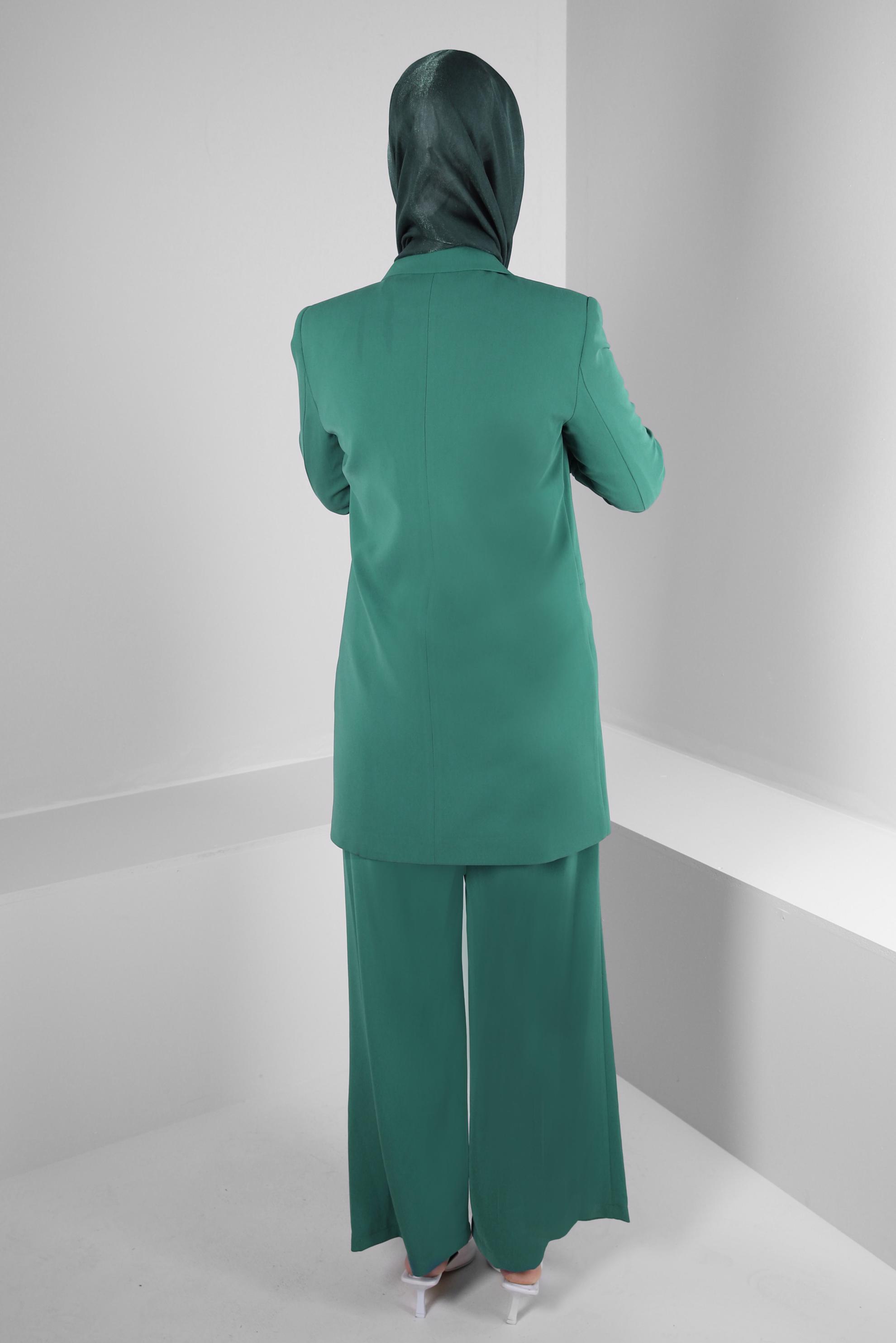 Tesettür giyim YEŞİL KRUVAZE YAKA İKİLİ PANTOLONLU TAKIM 30335