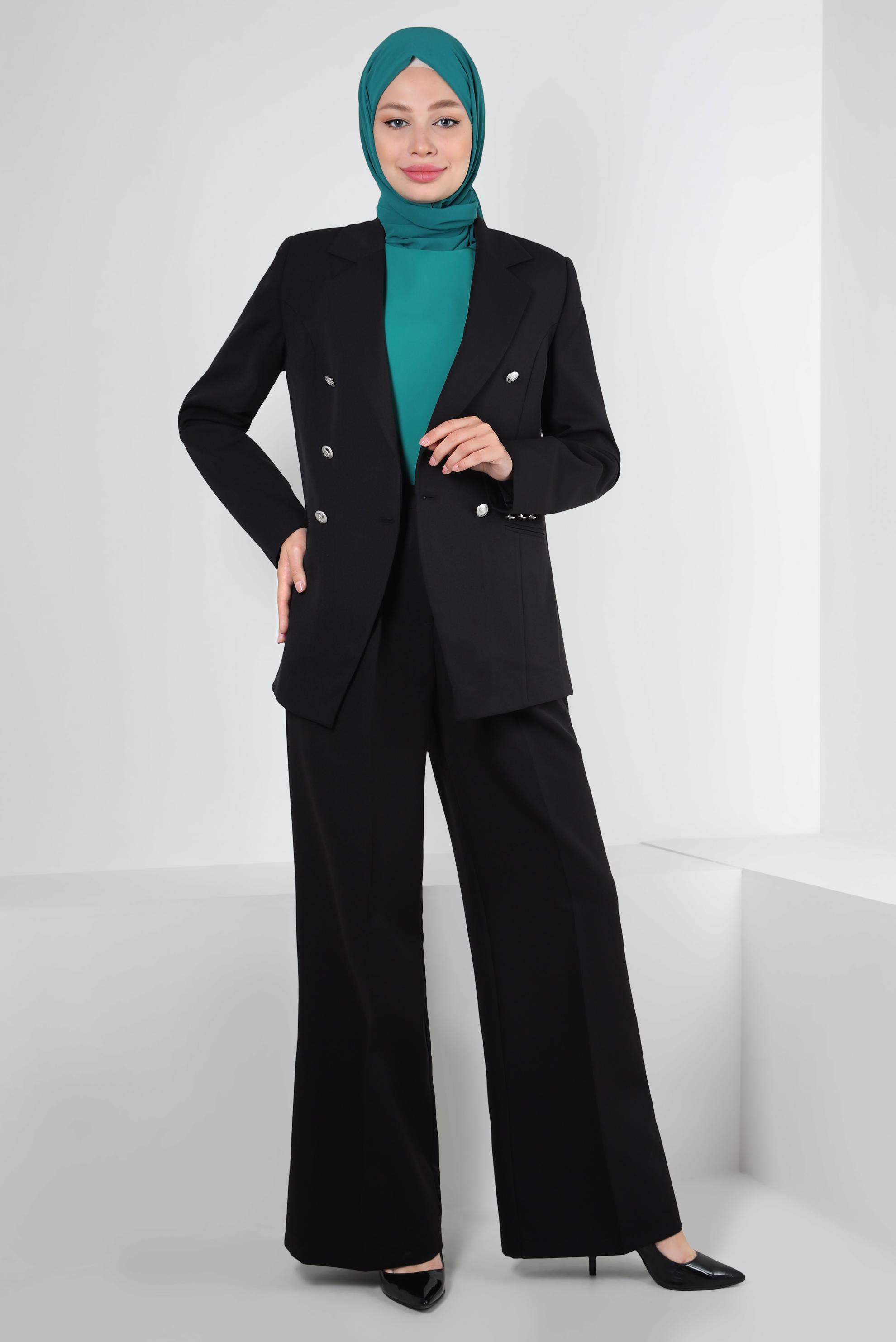 Tesettür giyim SİYAH KRUVAZE YAKA GENİŞ PAÇA İKİLİ PANTOLONLU TAKIM 30346