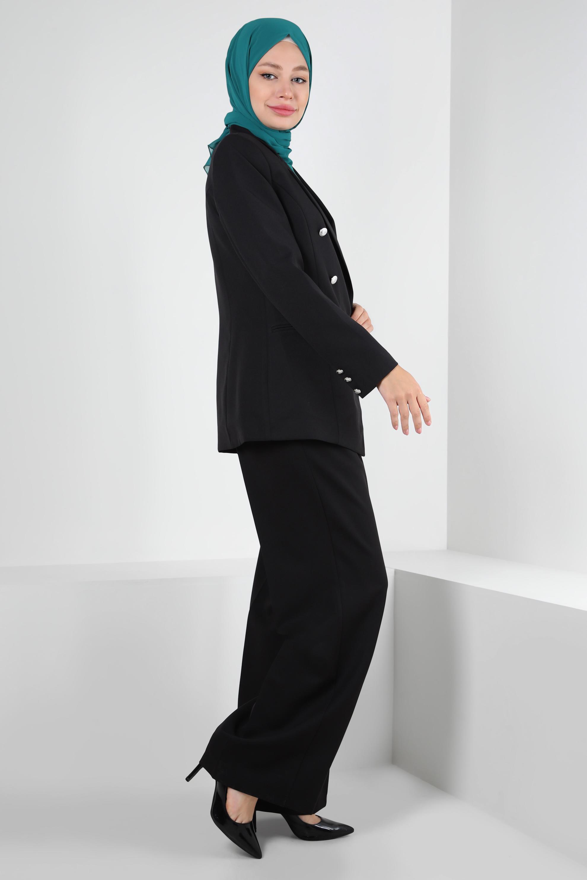 Tesettür giyim SİYAH KRUVAZE YAKA GENİŞ PAÇA İKİLİ PANTOLONLU TAKIM 30346