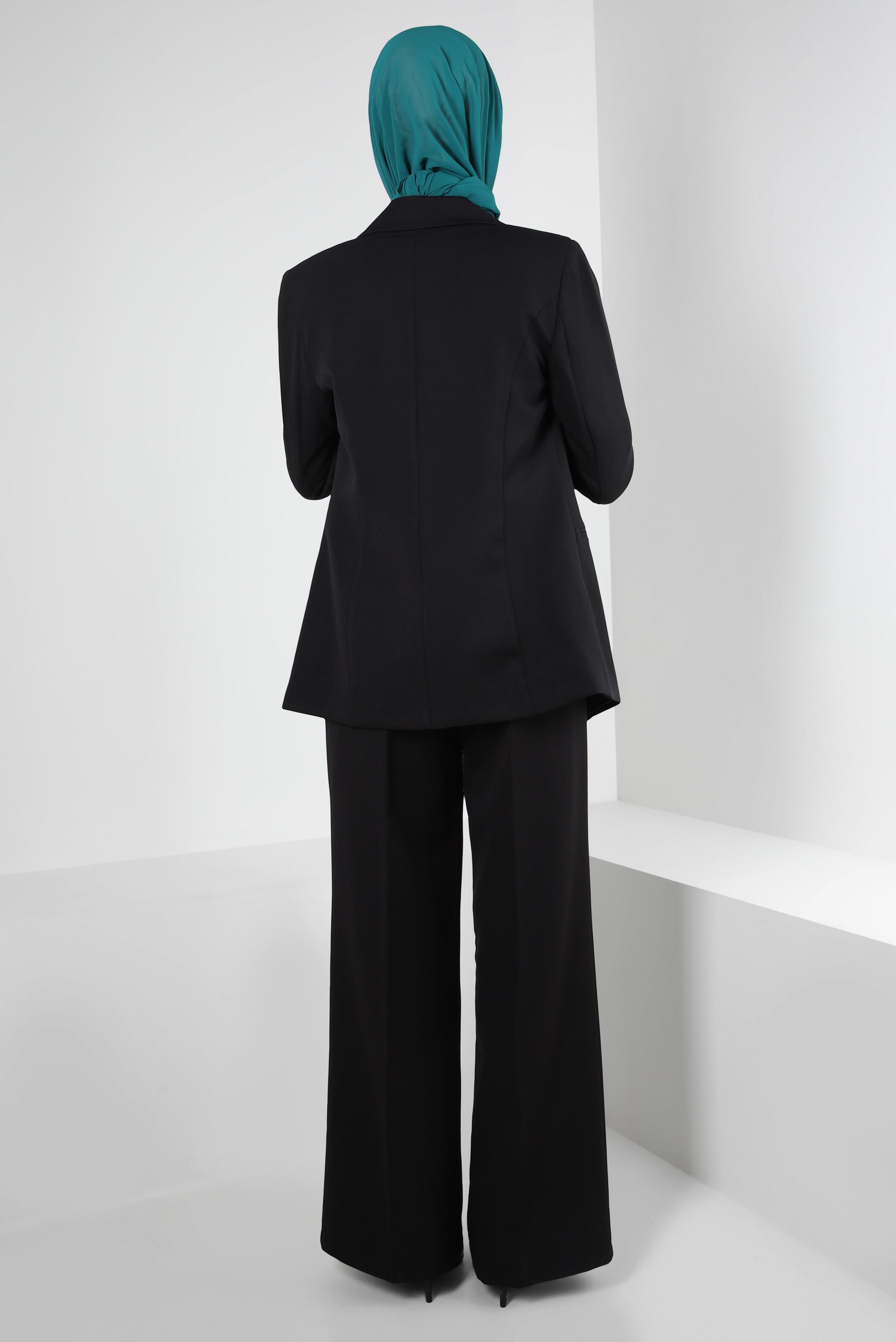 Tesettür giyim SİYAH KRUVAZE YAKA GENİŞ PAÇA İKİLİ PANTOLONLU TAKIM 30346