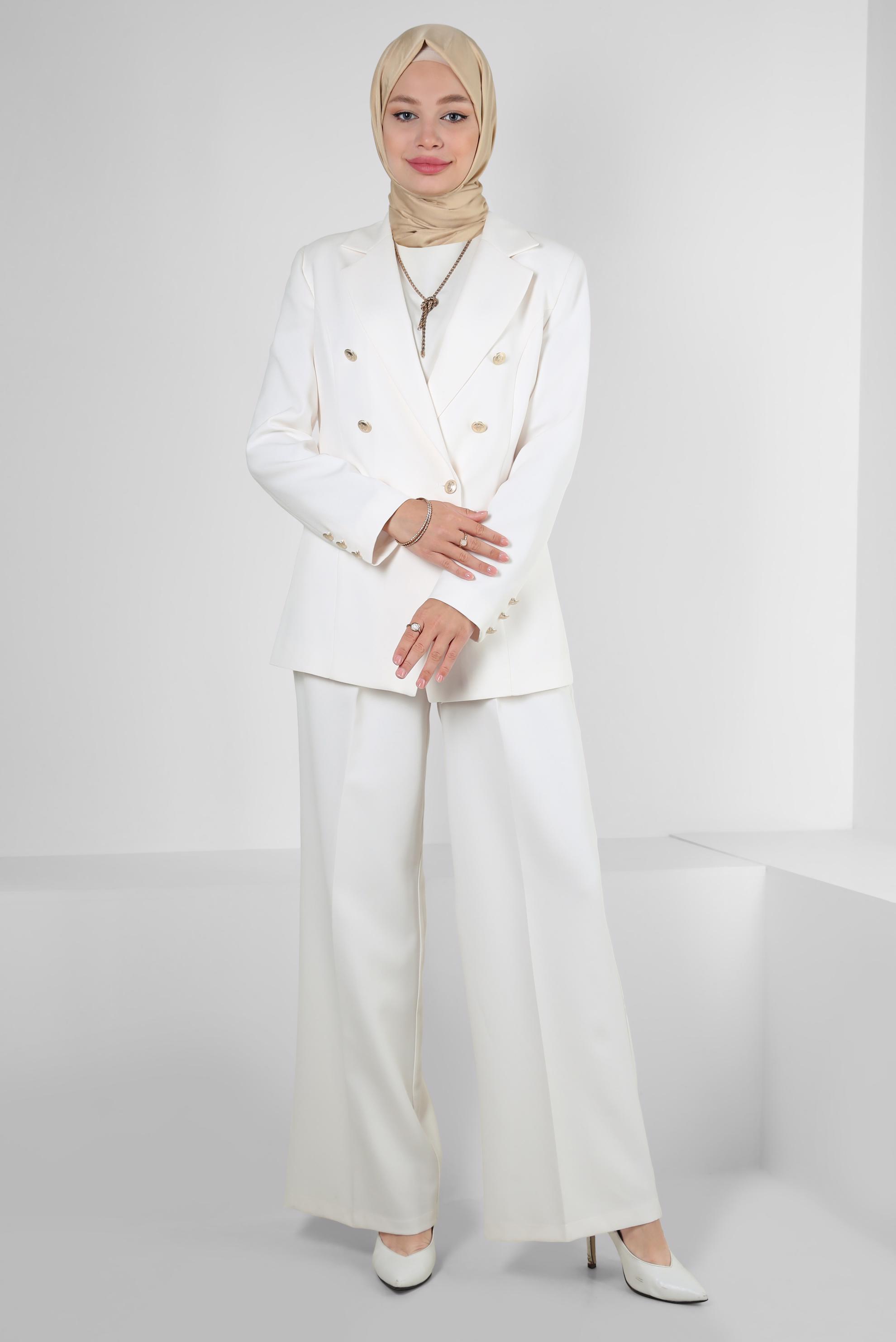 Tesettür giyim BEYAZ KRUVAZE YAKA GENİŞ PAÇA İKİLİ PANTOLONLU TAKIM 30346