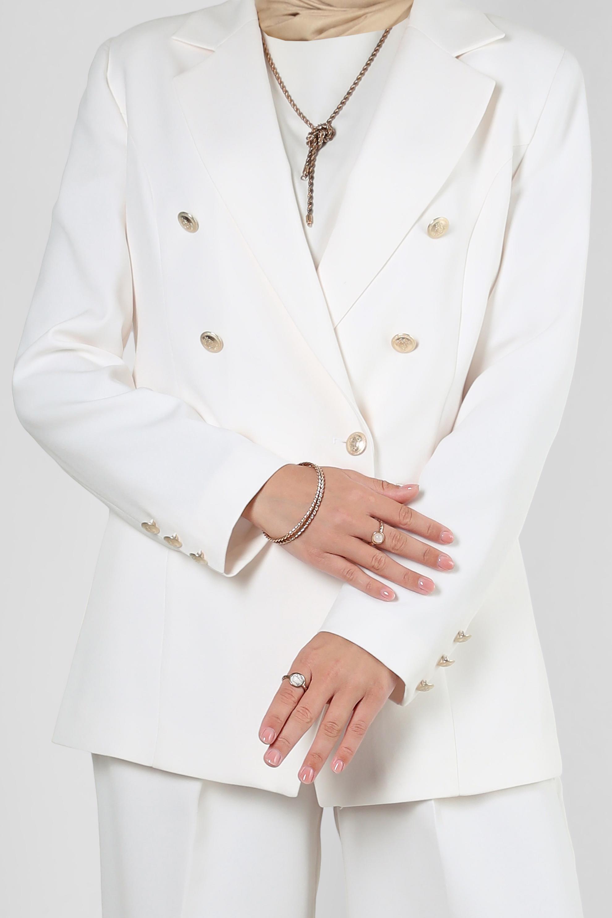 Tesettür giyim BEYAZ KRUVAZE YAKA GENİŞ PAÇA İKİLİ PANTOLONLU TAKIM 30346