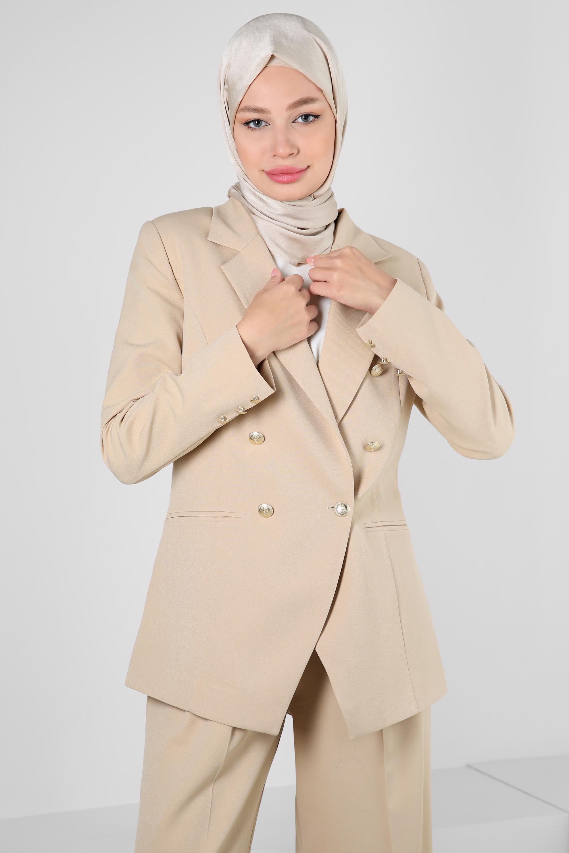 Tesettür giyim BEJ KRUVAZE YAKA GENİŞ PAÇA İKİLİ PANTOLONLU TAKIM 30346