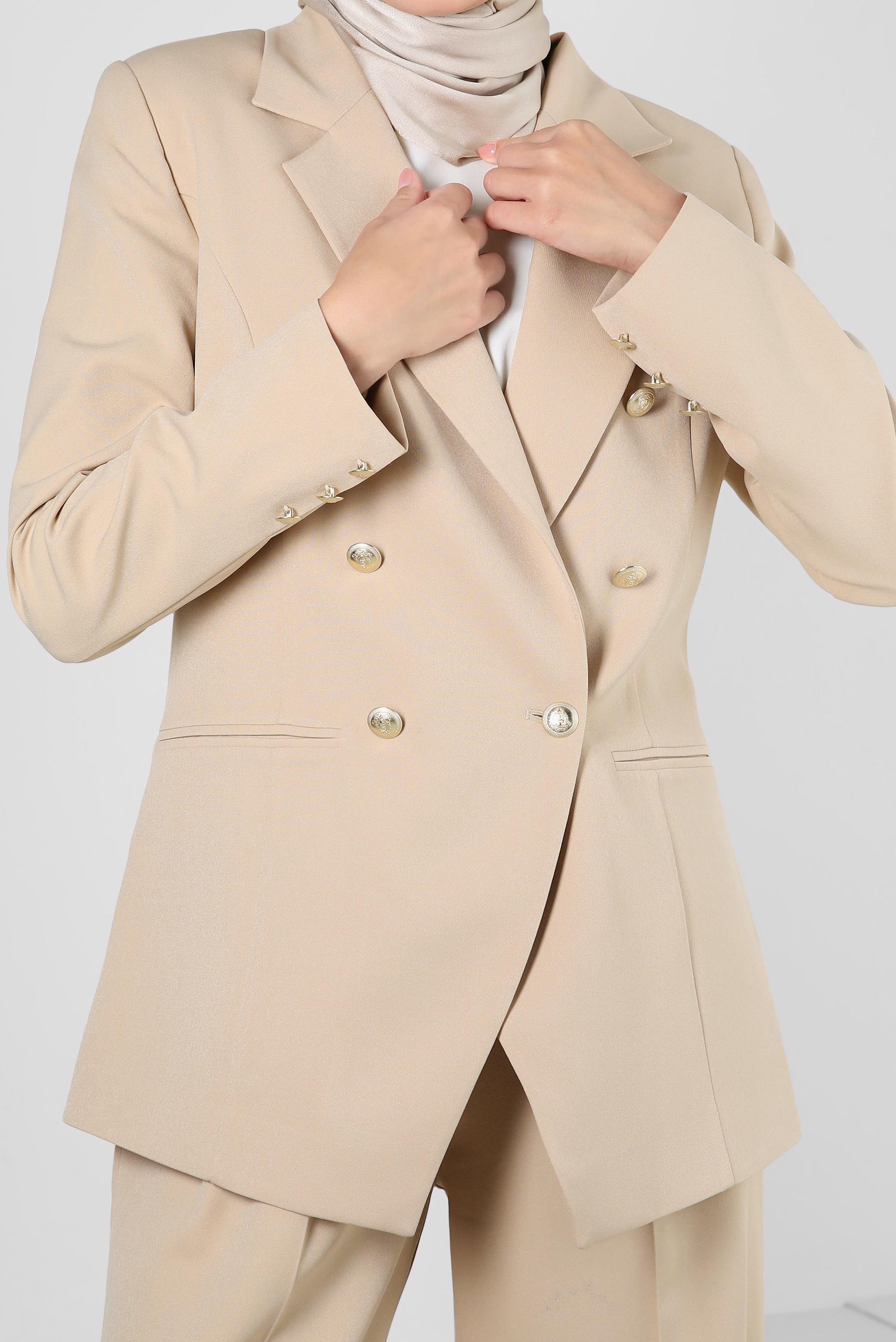 Tesettür giyim BEJ KRUVAZE YAKA GENİŞ PAÇA İKİLİ PANTOLONLU TAKIM 30346