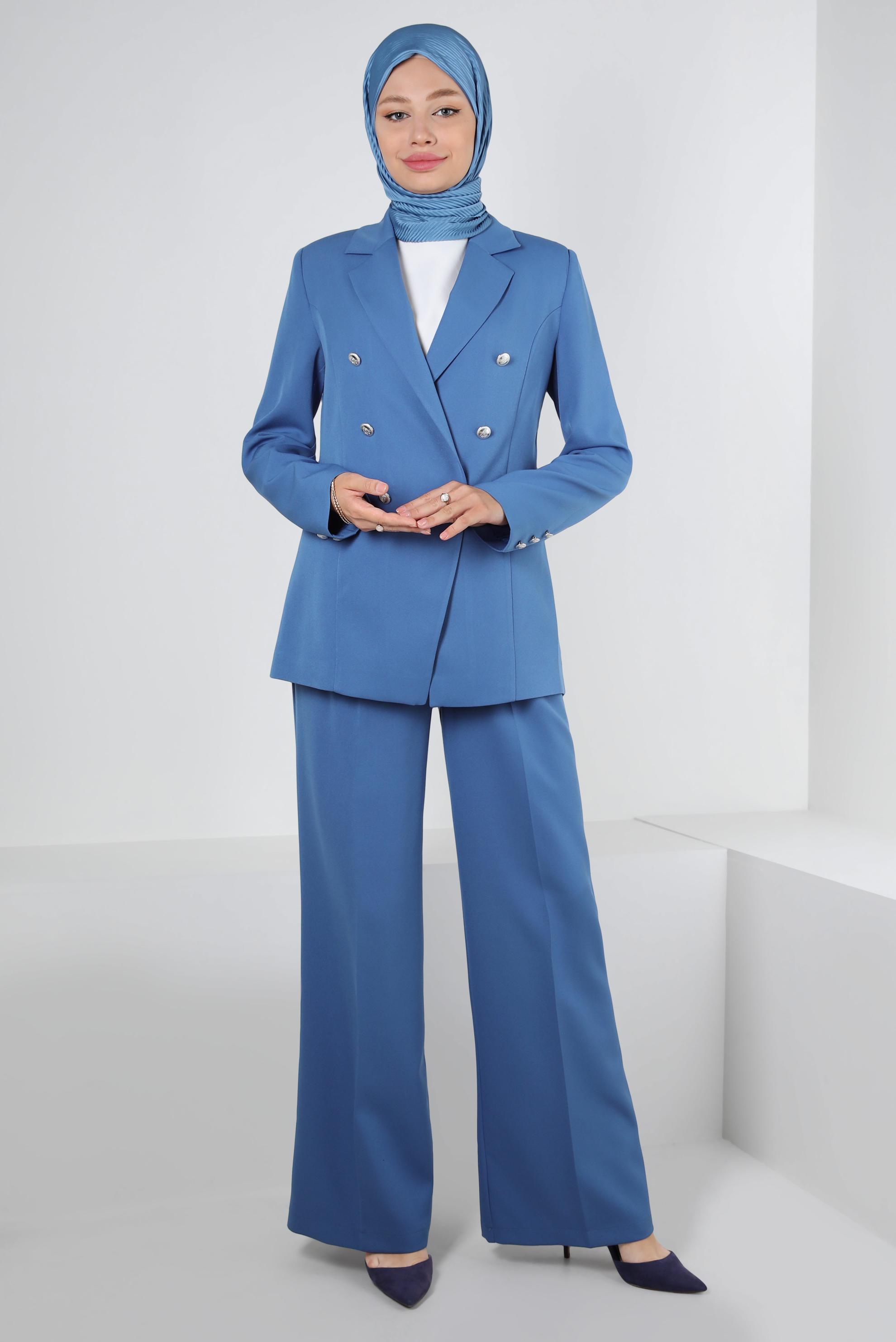 Tesettür giyim MAVİ KRUVAZE YAKA GENİŞ PAÇA İKİLİ PANTOLONLU TAKIM 30346