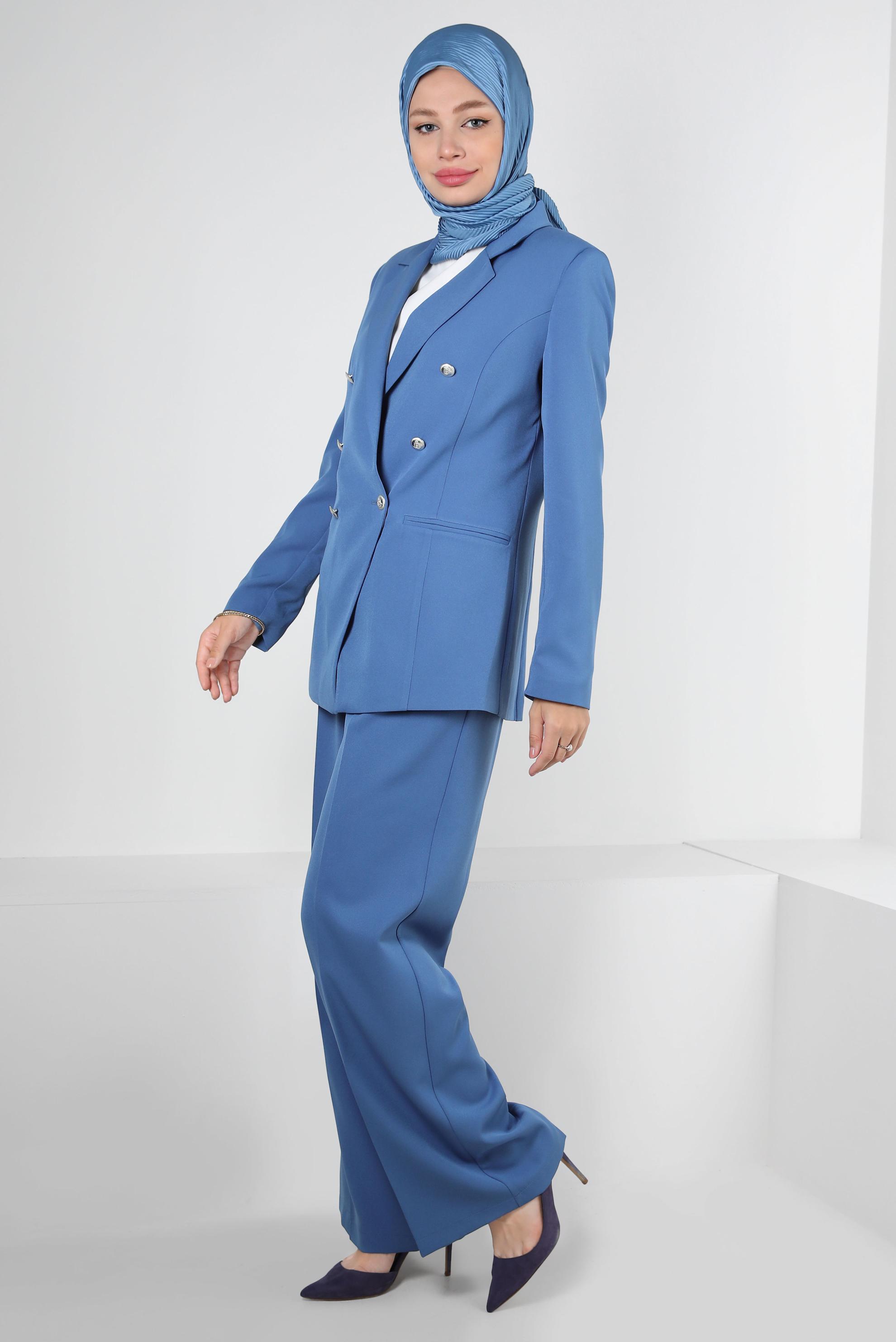 Tesettür giyim MAVİ KRUVAZE YAKA GENİŞ PAÇA İKİLİ PANTOLONLU TAKIM 30346