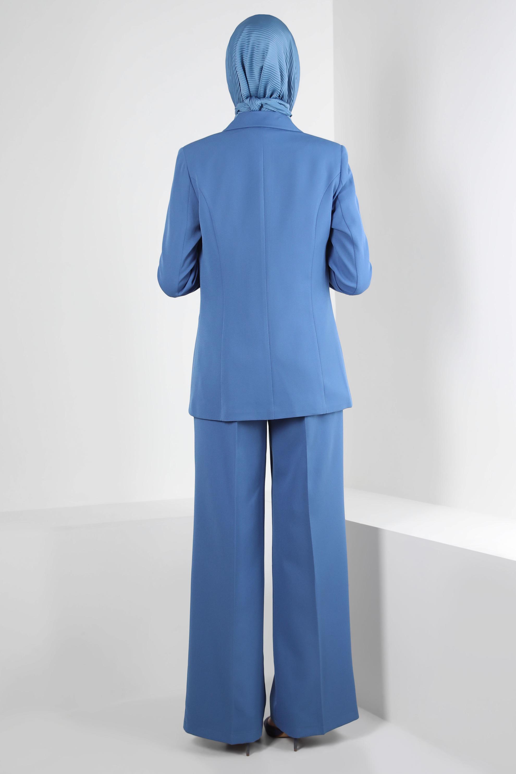 Tesettür giyim MAVİ KRUVAZE YAKA GENİŞ PAÇA İKİLİ PANTOLONLU TAKIM 30346