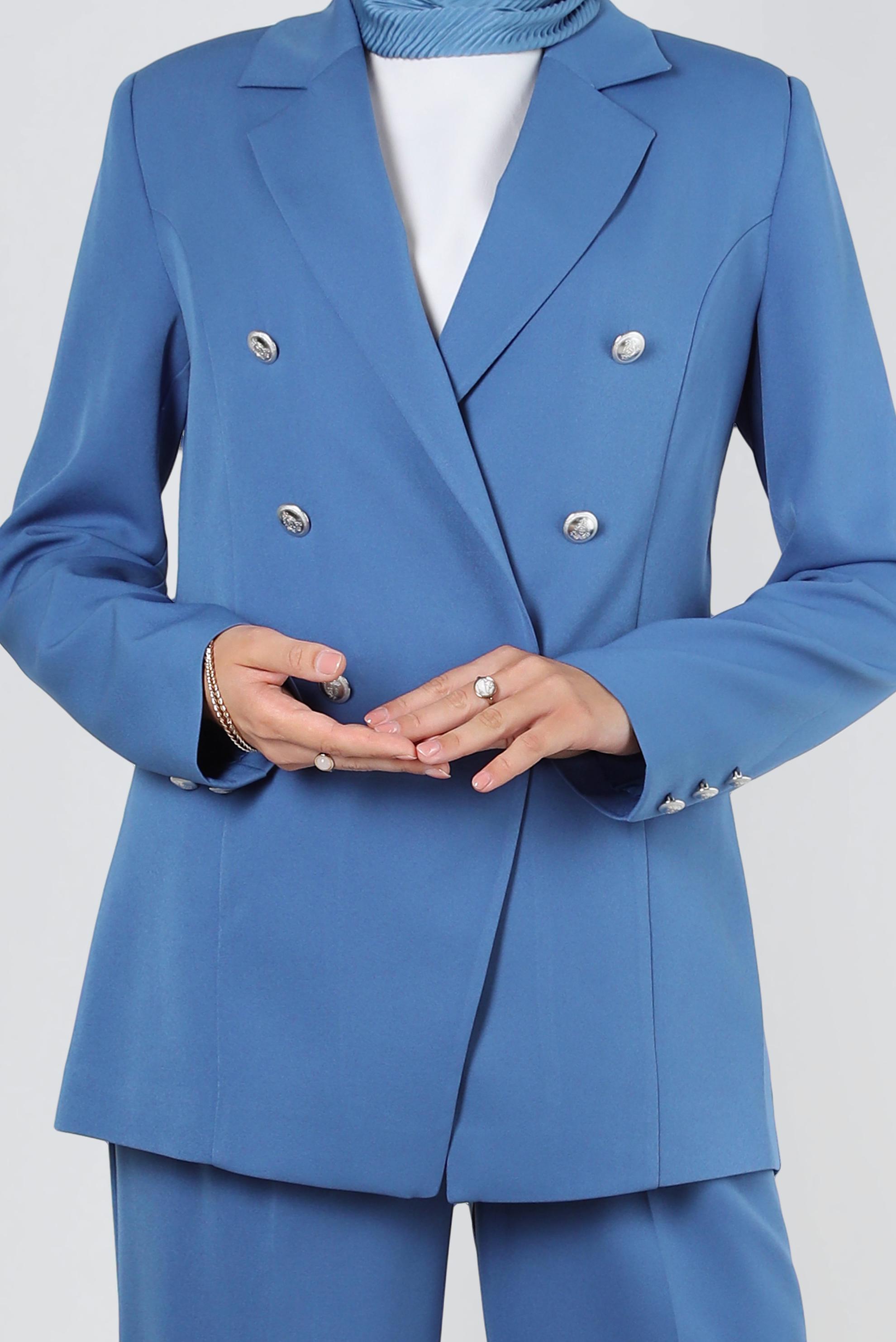 Tesettür giyim MAVİ KRUVAZE YAKA GENİŞ PAÇA İKİLİ PANTOLONLU TAKIM 30346