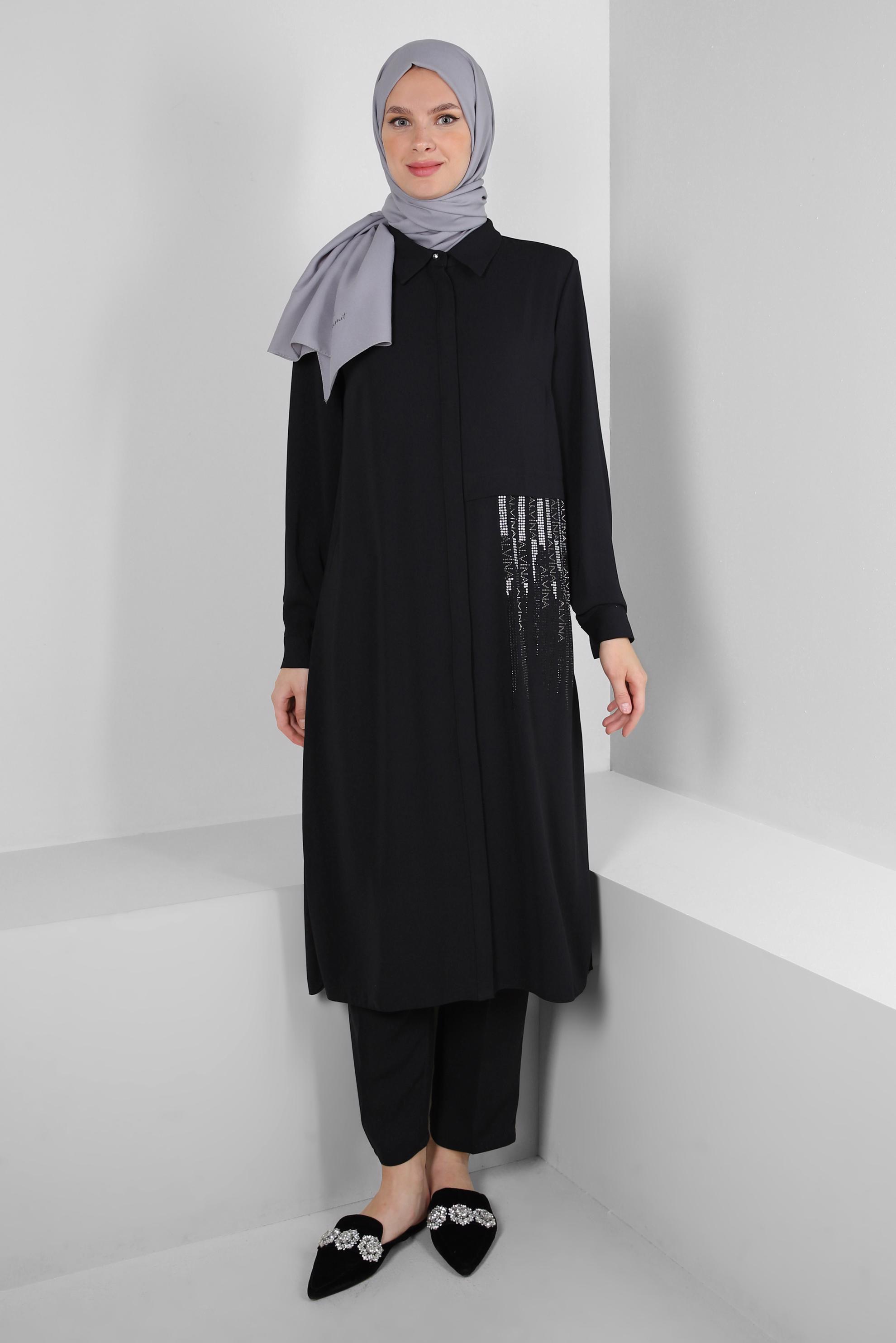 Vêtements hijab NOIR COSTUME PANTALON COL CHEMISE AVEC GEM BRODÉ 43518