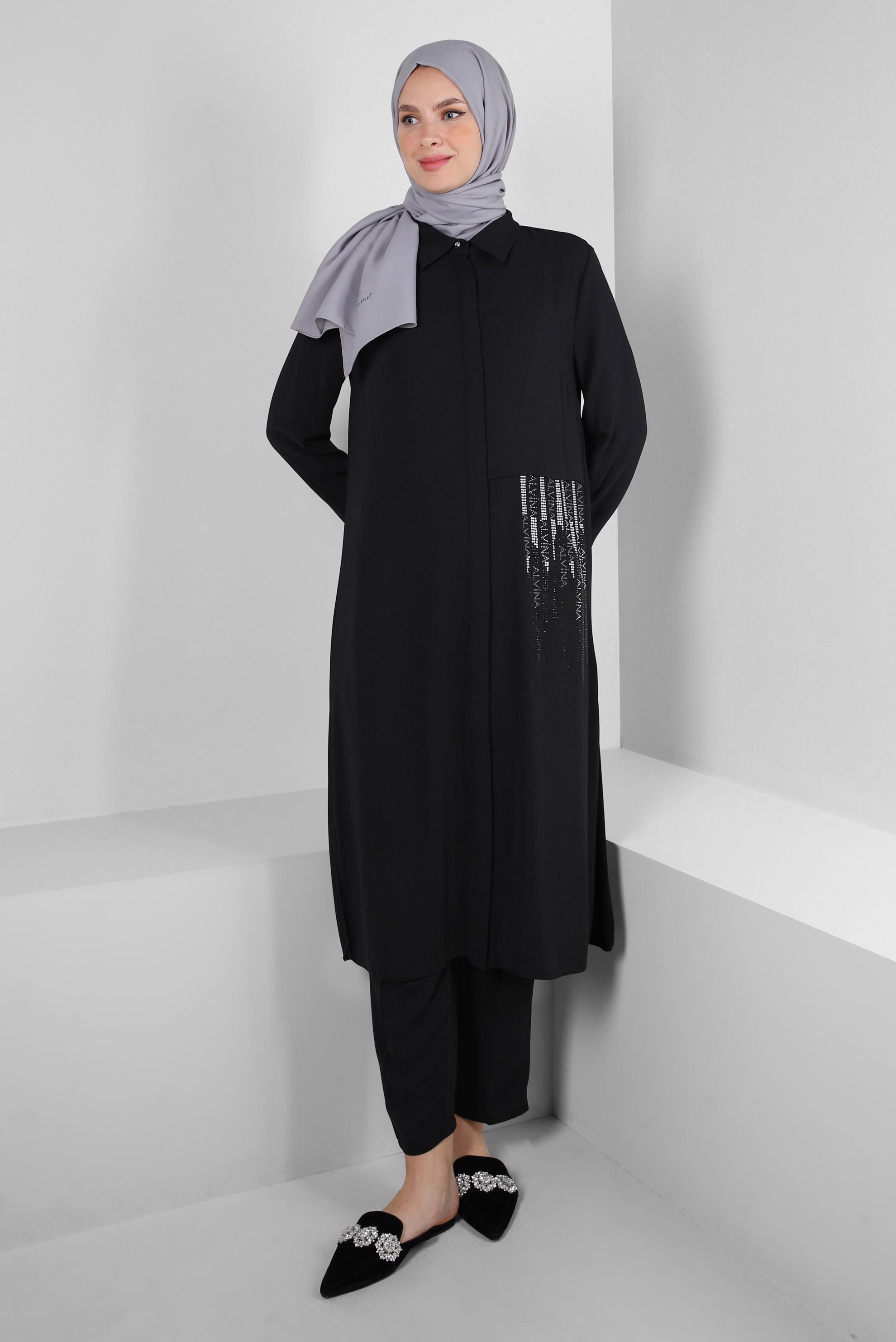 Vêtements hijab NOIR COSTUME PANTALON COL CHEMISE AVEC GEM BRODÉ 43518