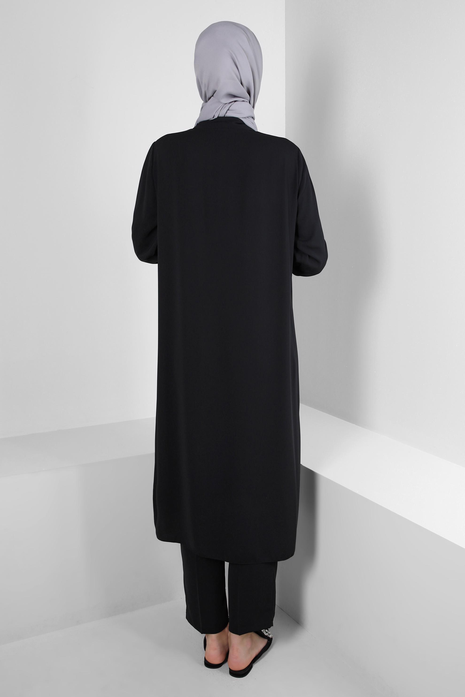 Vêtements hijab NOIR COSTUME PANTALON COL CHEMISE AVEC GEM BRODÉ 43518