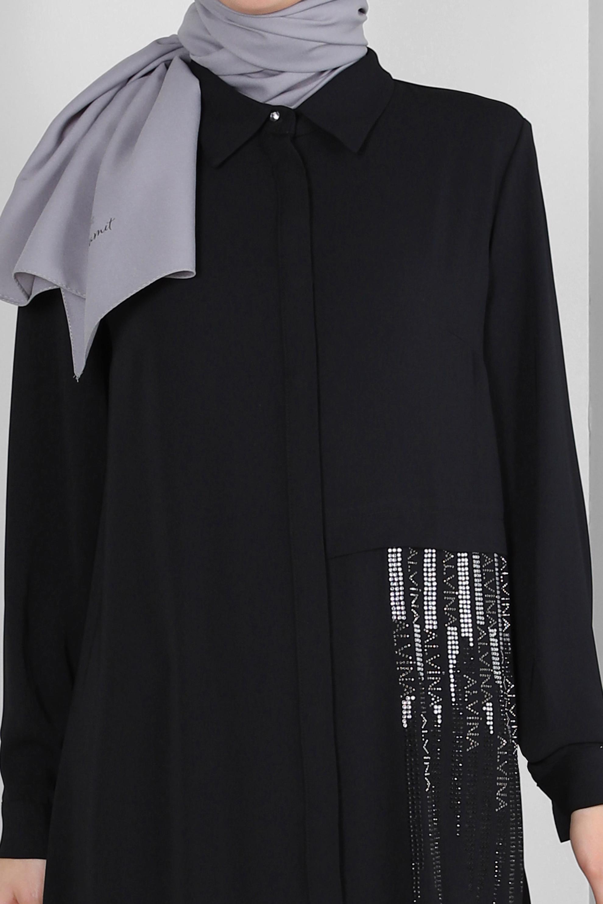 Vêtements hijab NOIR COSTUME PANTALON COL CHEMISE AVEC GEM BRODÉ 43518