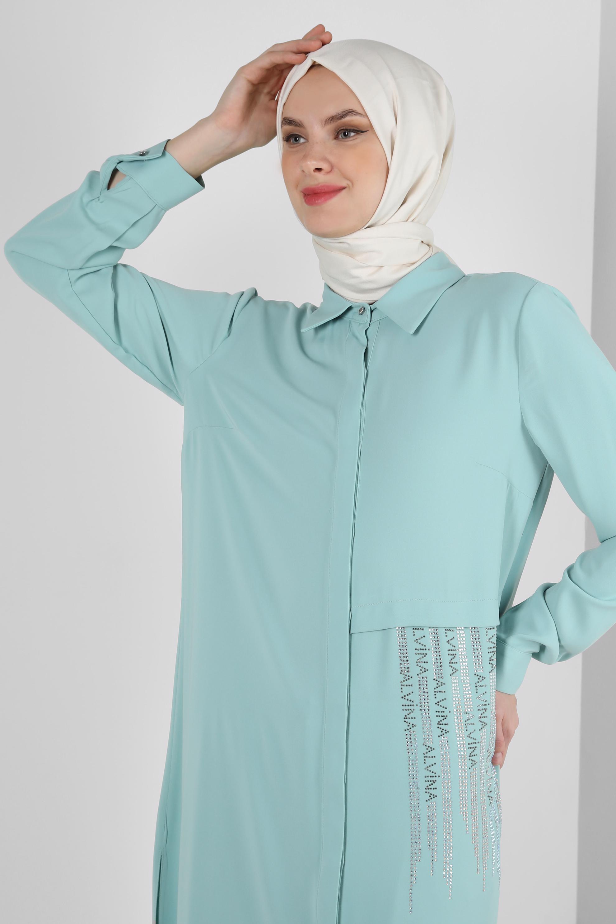 Tesettür giyim YEŞİL GÖMLEK YAKA TAŞ BASKILI PANTOLONLU TAKIM 43518