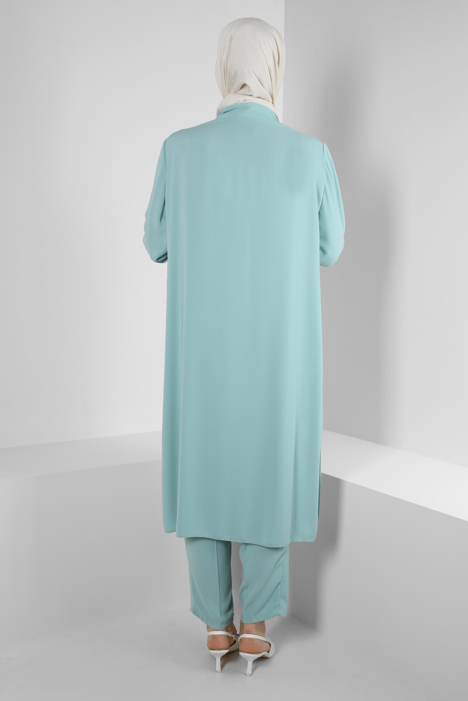 Tesettür giyim YEŞİL GÖMLEK YAKA TAŞ BASKILI PANTOLONLU TAKIM 43518