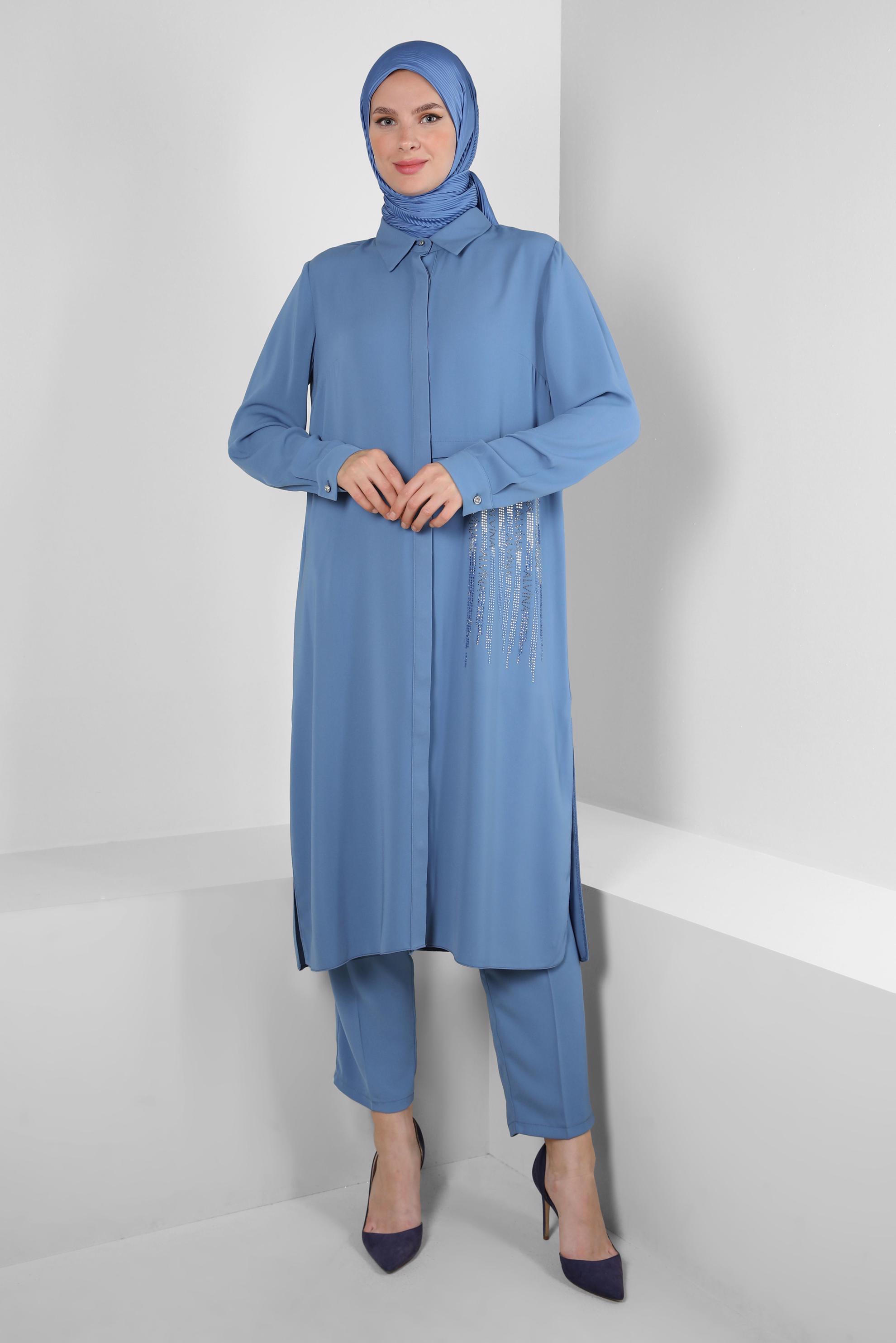 Vêtements hijab BLEU COSTUME PANTALON COL CHEMISE AVEC GEM BRODÉ 43518