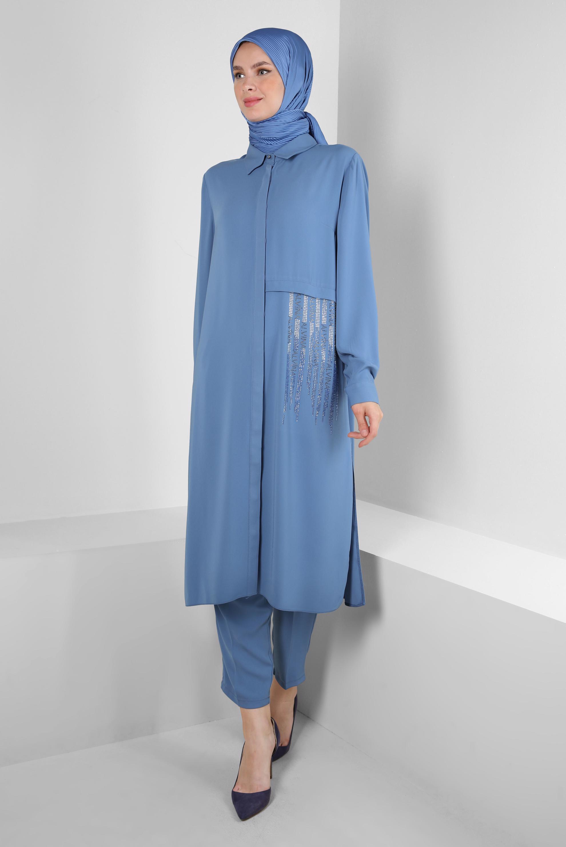 Vêtements hijab BLEU COSTUME PANTALON COL CHEMISE AVEC GEM BRODÉ 43518