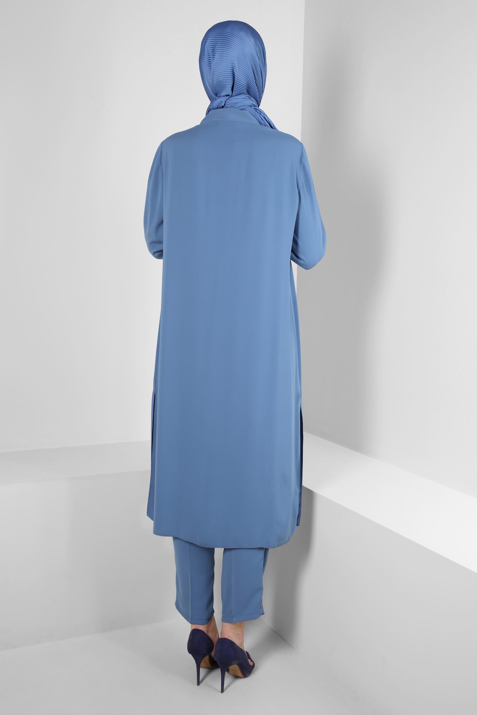 Vêtements hijab BLEU COSTUME PANTALON COL CHEMISE AVEC GEM BRODÉ 43518
