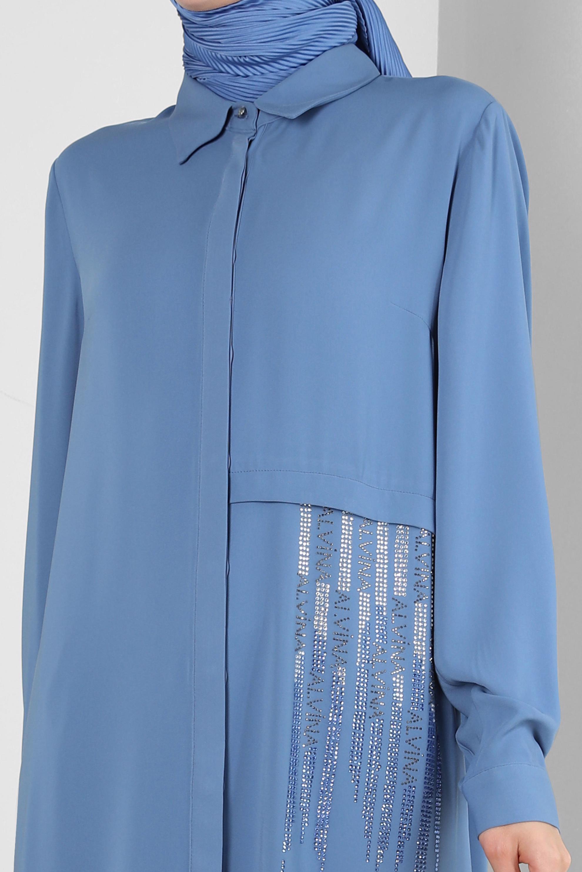 Vêtements hijab BLEU COSTUME PANTALON COL CHEMISE AVEC GEM BRODÉ 43518