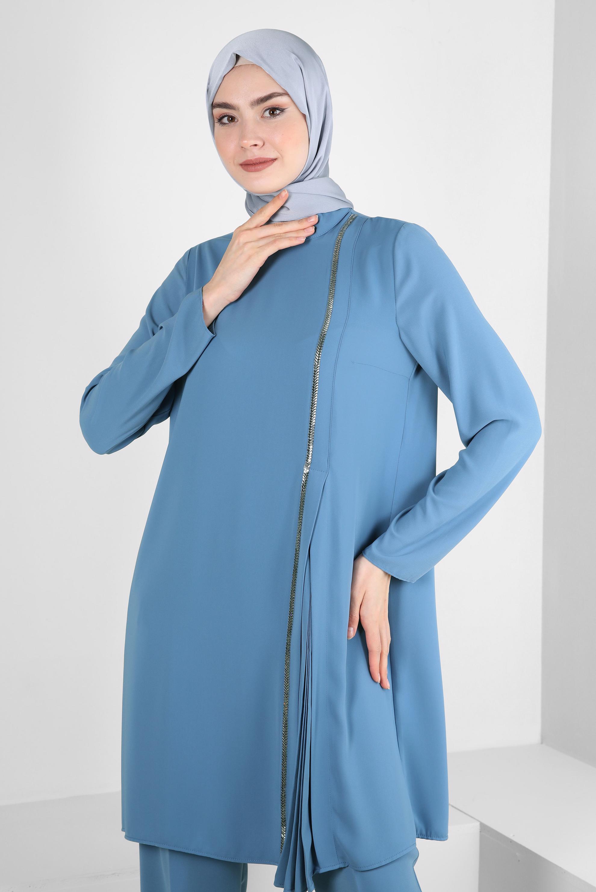 Tesettür giyim MAVİ TAŞ BASKI DETAYLI İKİLİ PANTOLONLU TAKIM 43536