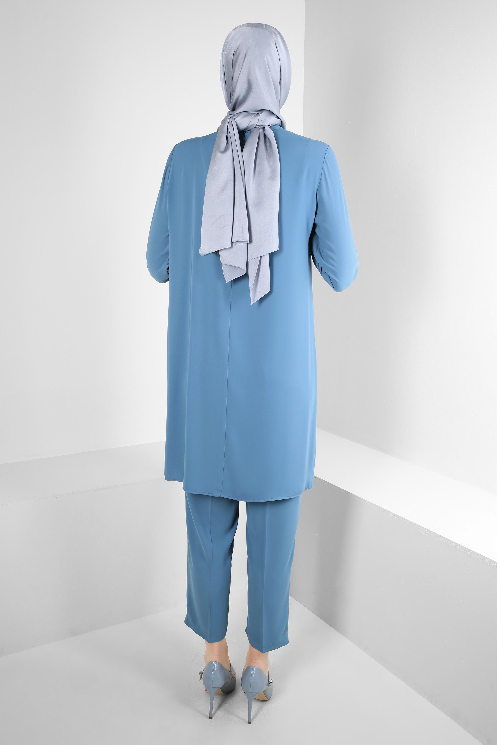 Tesettür giyim MAVİ TAŞ BASKI DETAYLI İKİLİ PANTOLONLU TAKIM 43536