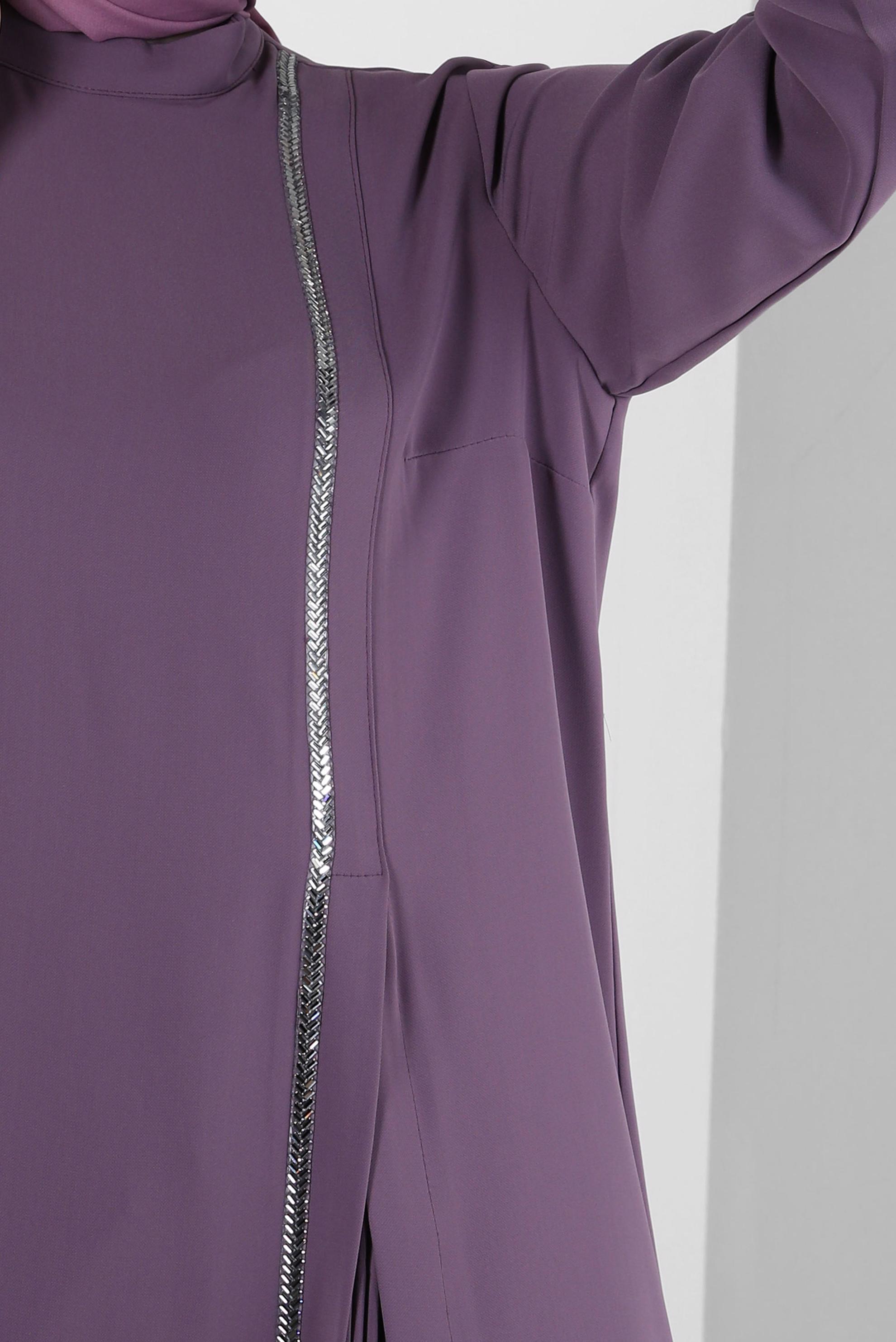 Tesettür giyim MOR TAŞ BASKI DETAYLI İKİLİ PANTOLONLU TAKIM 43536