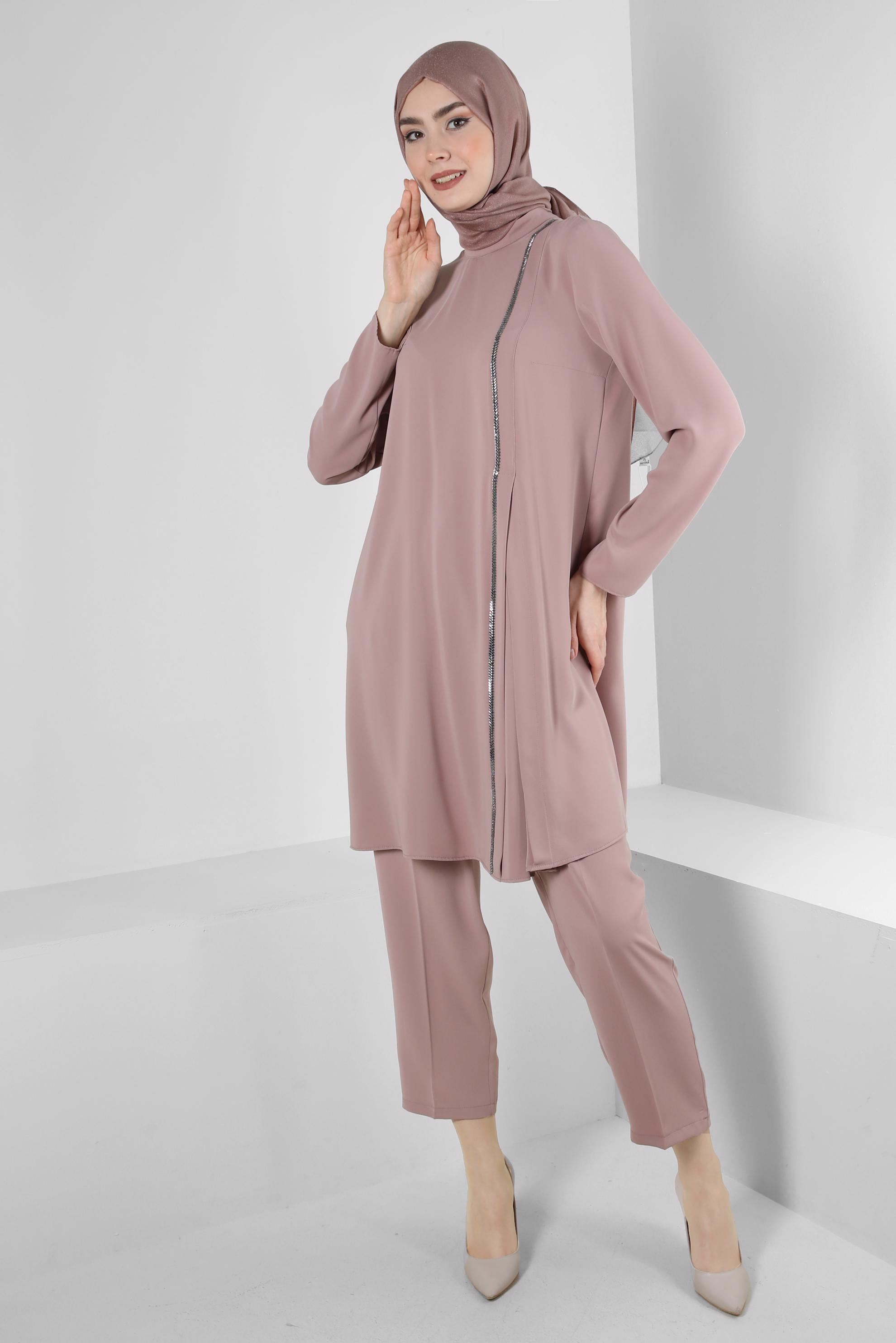 Tesettür giyim KAHVE TAŞ BASKI DETAYLI İKİLİ PANTOLONLU TAKIM 43536