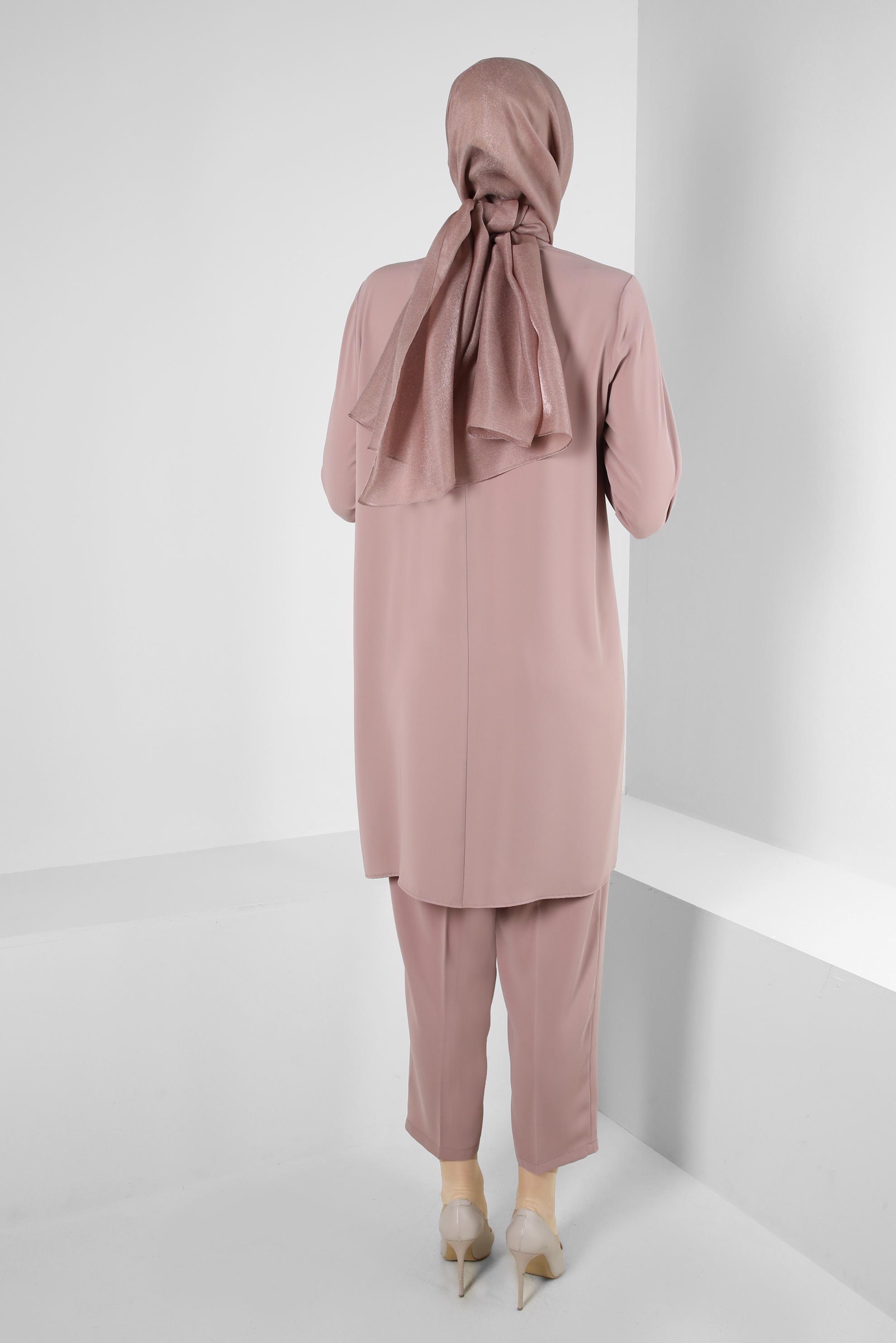 Tesettür giyim KAHVE TAŞ BASKI DETAYLI İKİLİ PANTOLONLU TAKIM 43536