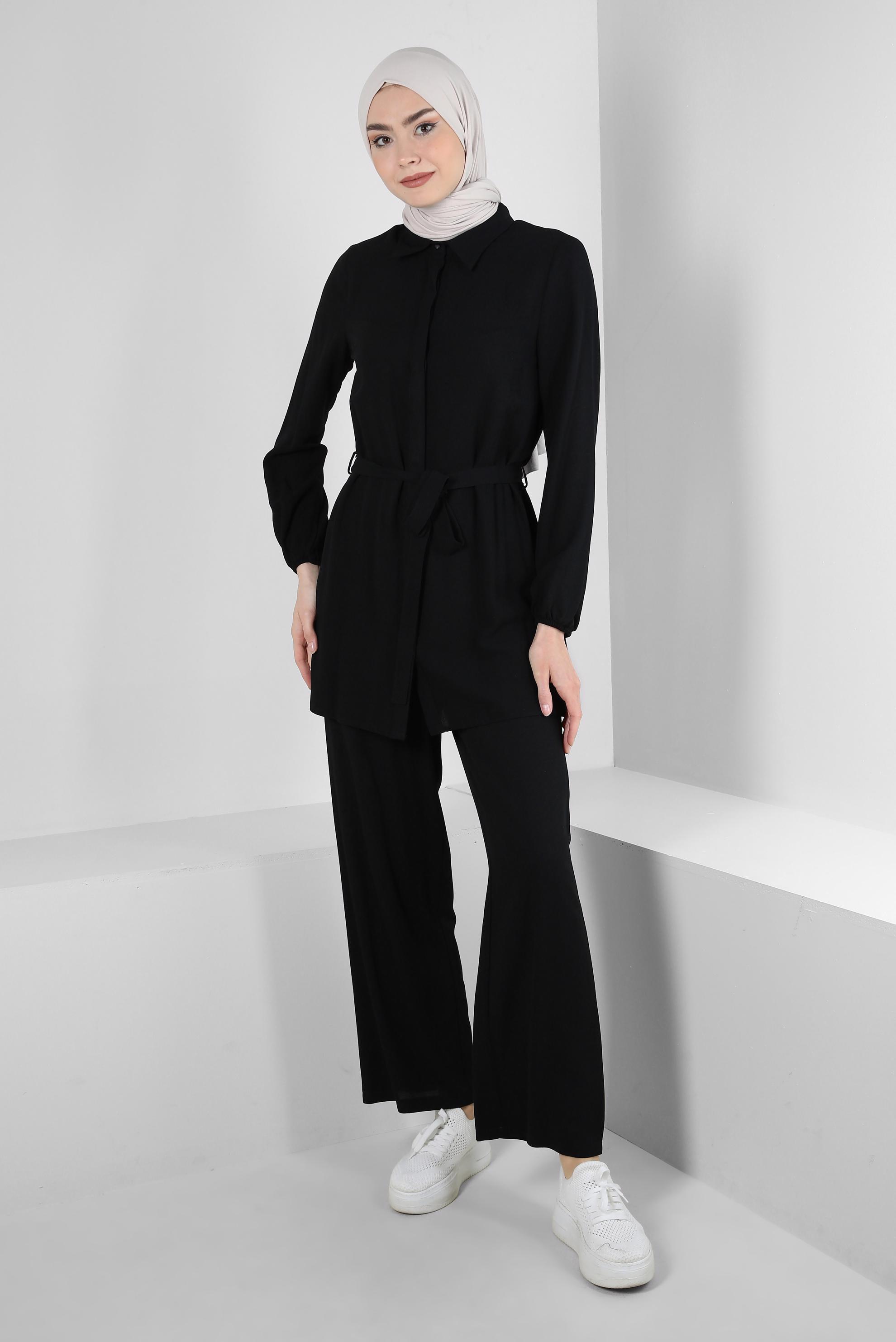 Tesettür giyim SİYAH GÖMLEK YAKA KUŞAKLI İKİLİ PANTOLONLU TAKIM 43547