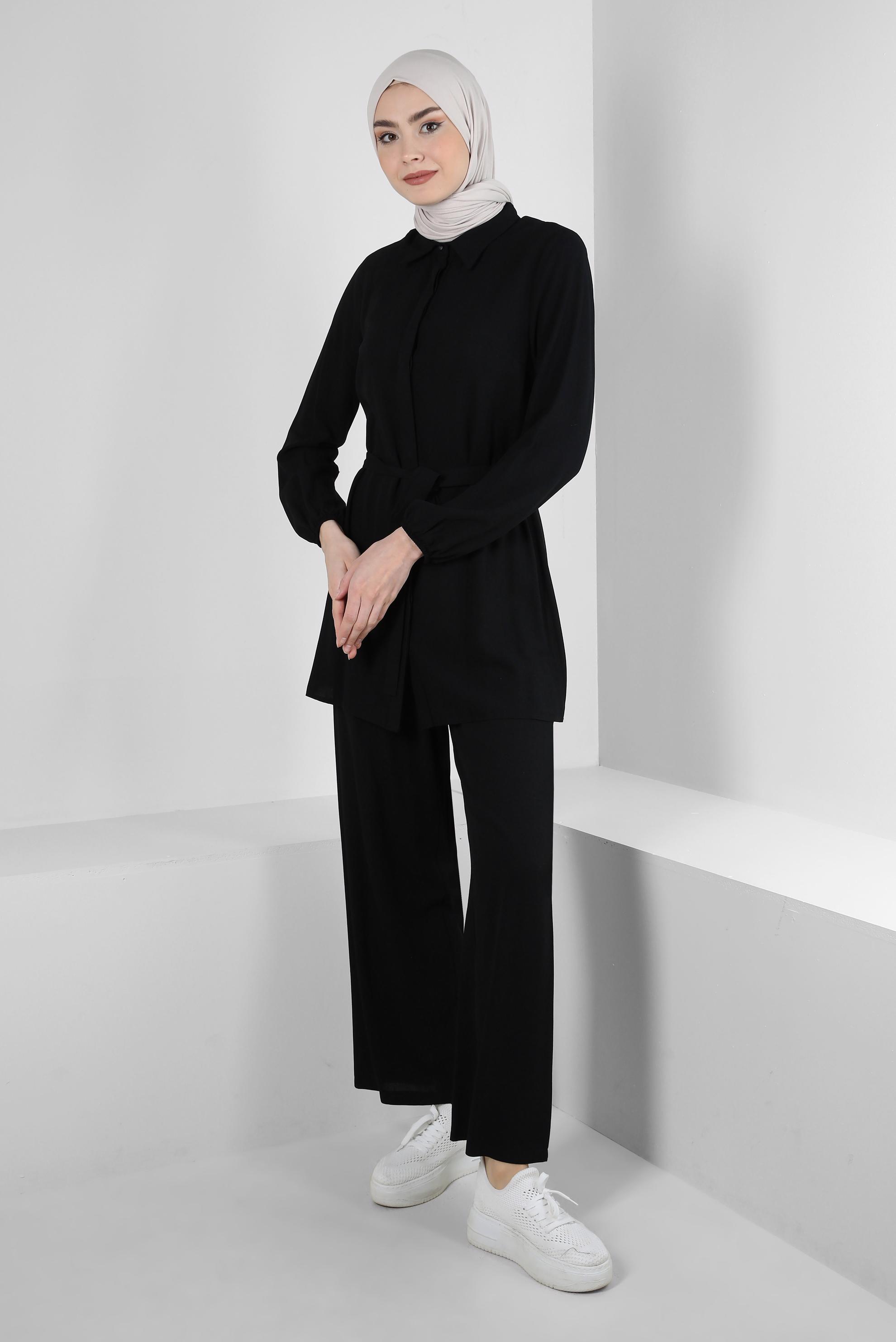 Tesettür giyim SİYAH GÖMLEK YAKA KUŞAKLI İKİLİ PANTOLONLU TAKIM 43547