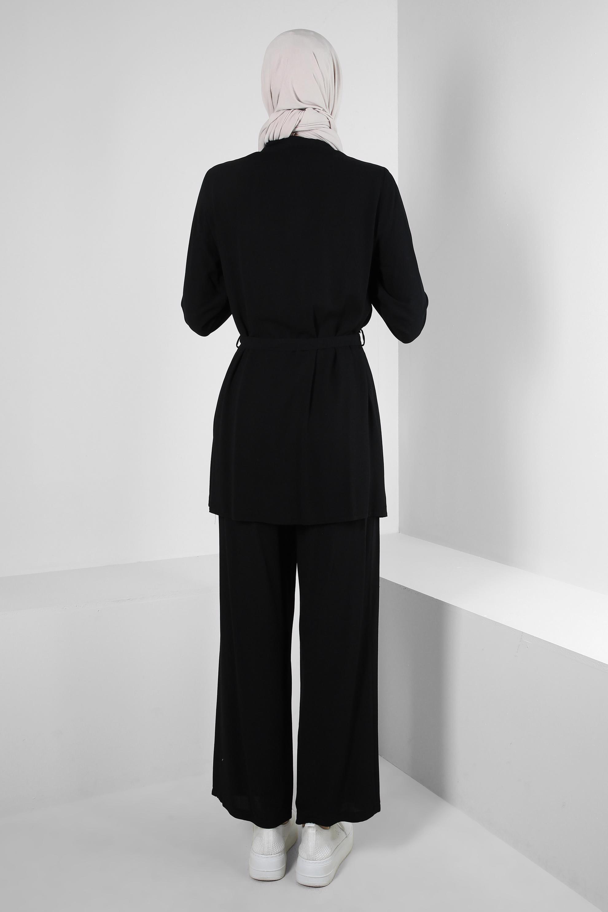 Tesettür giyim SİYAH GÖMLEK YAKA KUŞAKLI İKİLİ PANTOLONLU TAKIM 43547