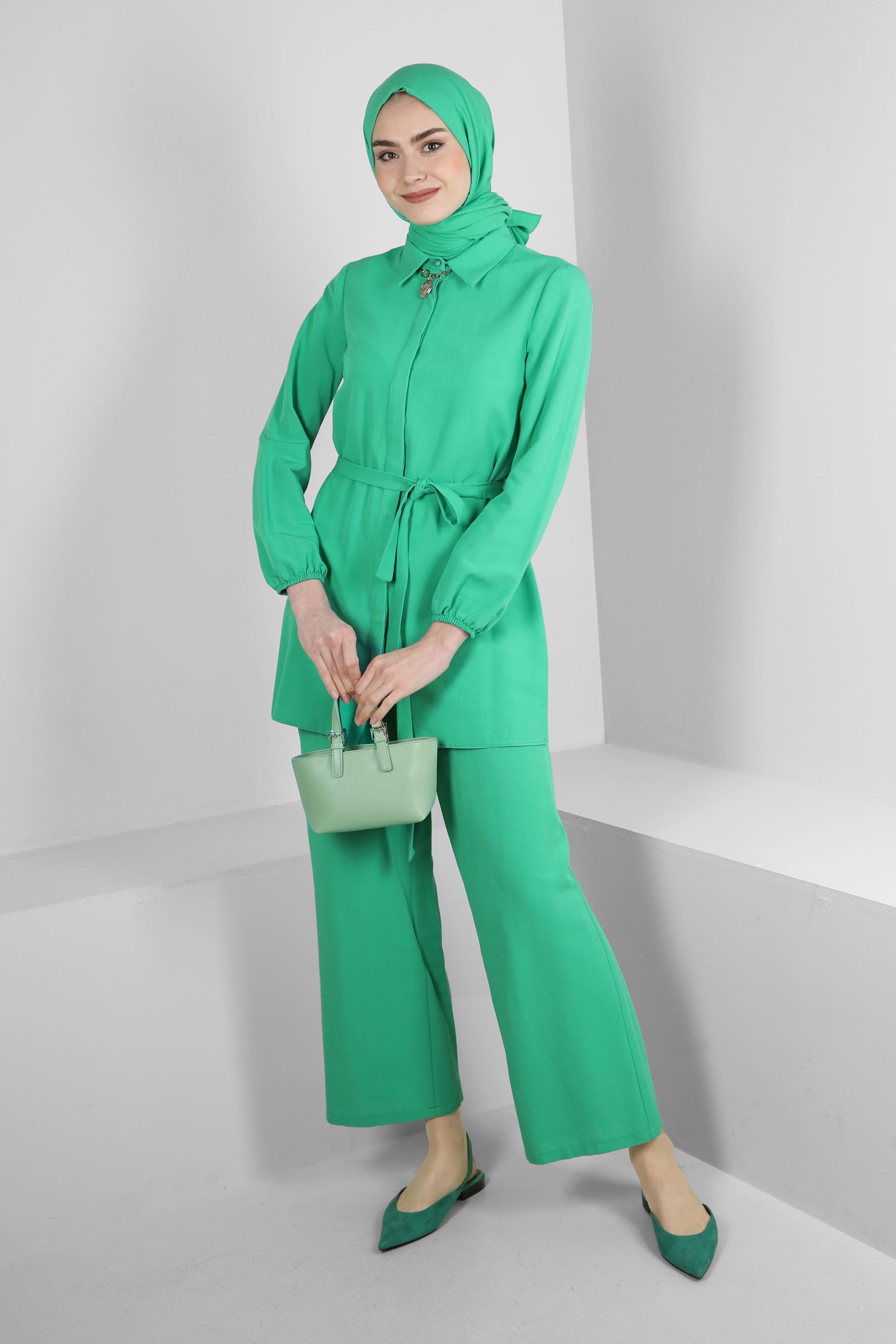 Tesettür giyim YEŞİL GÖMLEK YAKA KUŞAKLI İKİLİ PANTOLONLU TAKIM 43547