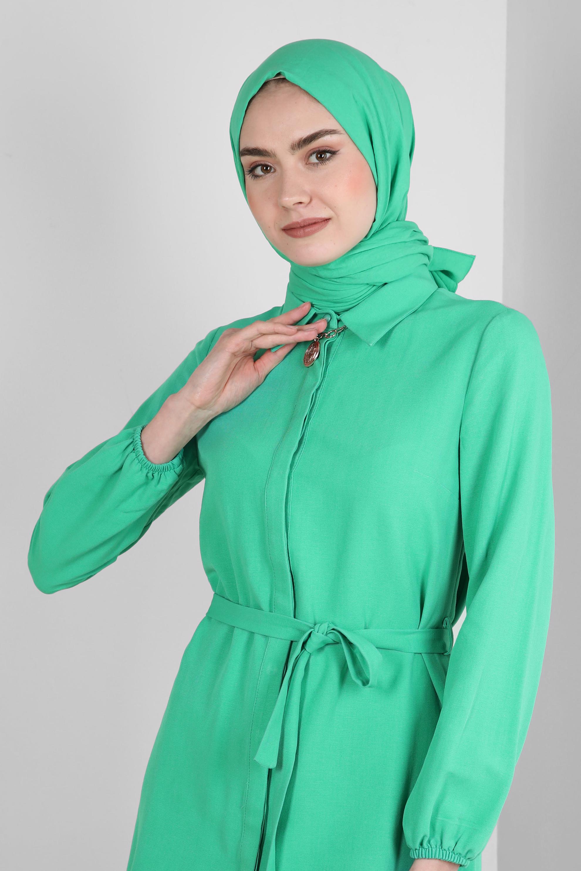 Tesettür giyim YEŞİL GÖMLEK YAKA KUŞAKLI İKİLİ PANTOLONLU TAKIM 43547