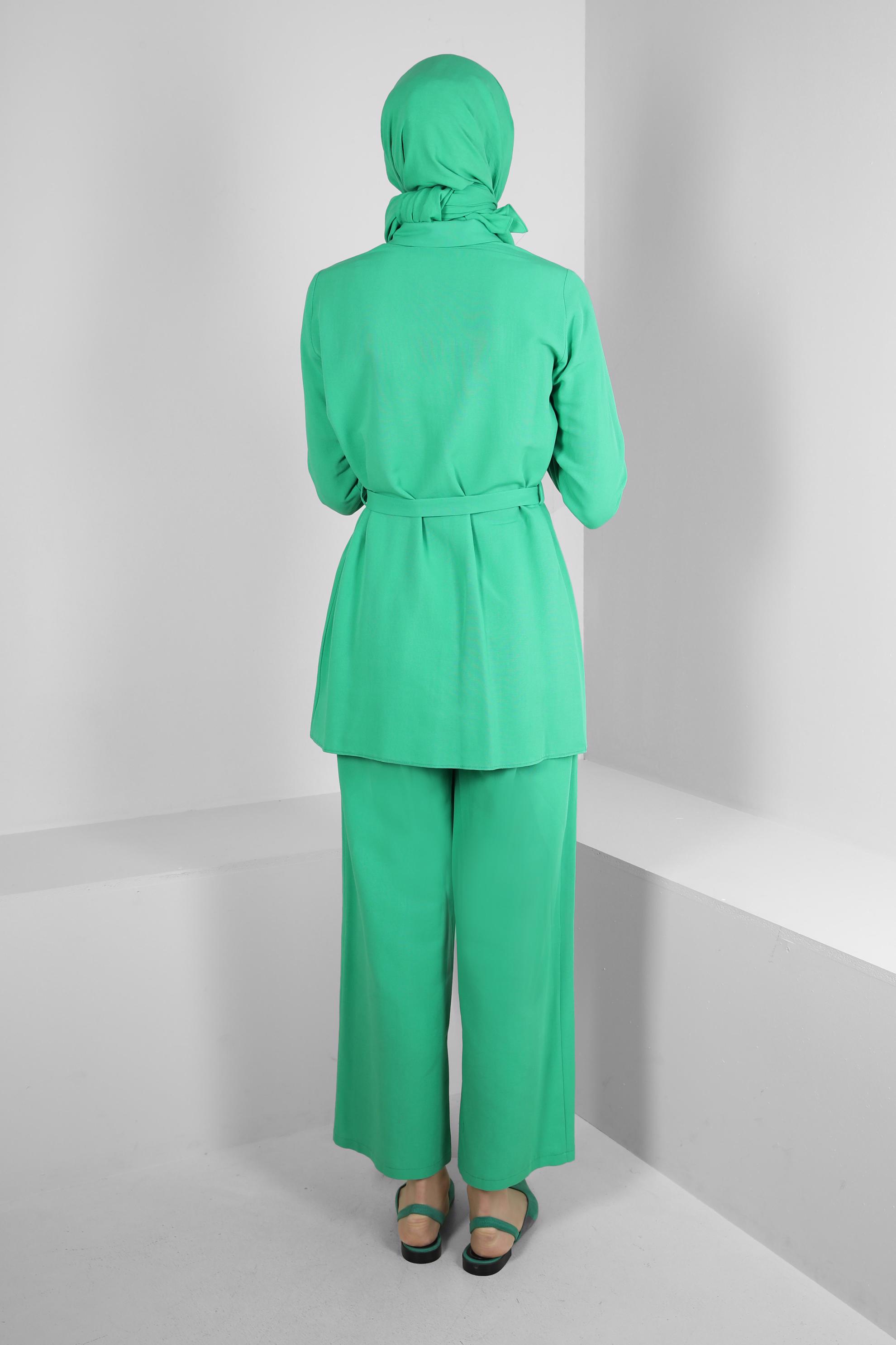 Tesettür giyim YEŞİL GÖMLEK YAKA KUŞAKLI İKİLİ PANTOLONLU TAKIM 43547