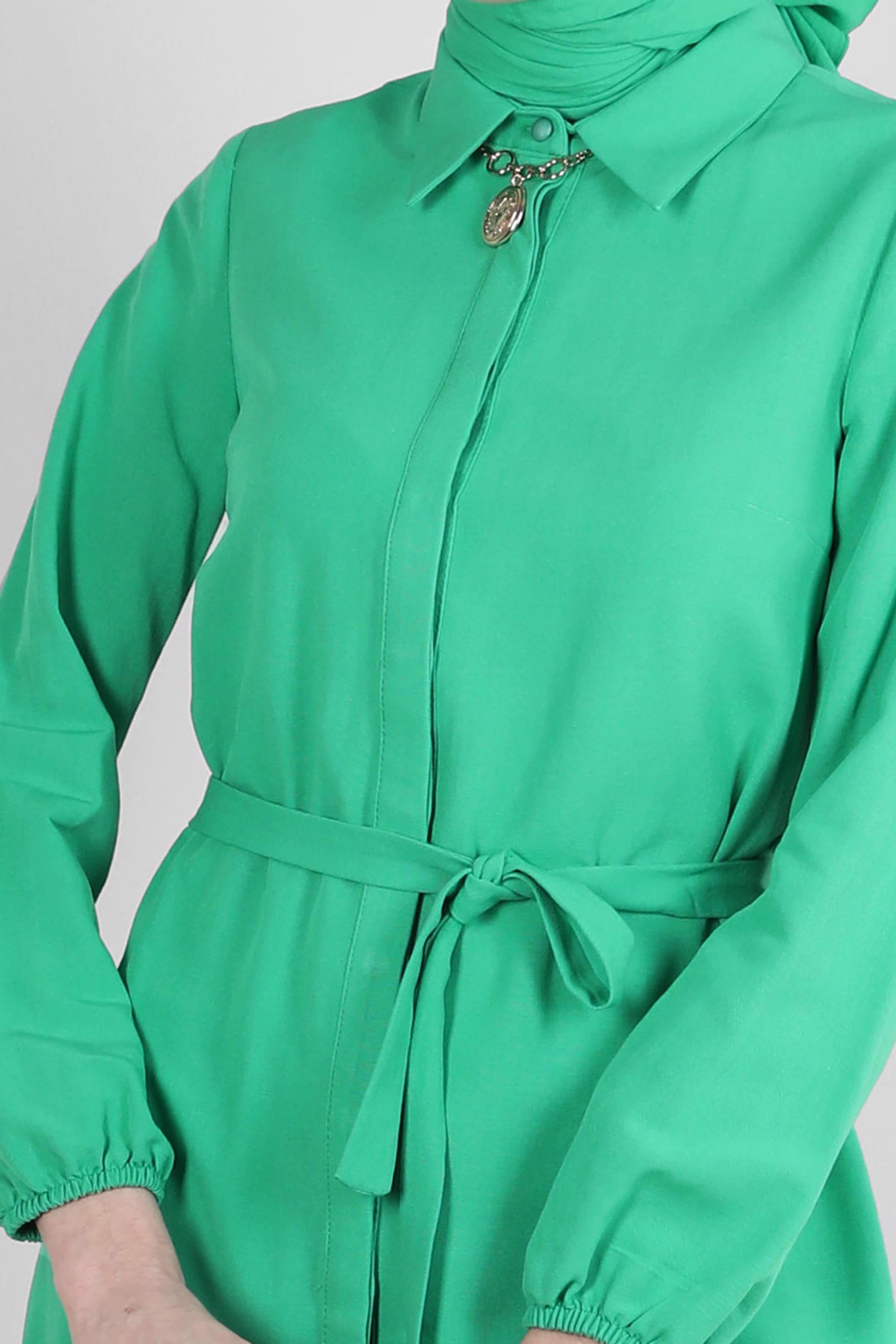 Tesettür giyim YEŞİL GÖMLEK YAKA KUŞAKLI İKİLİ PANTOLONLU TAKIM 43547