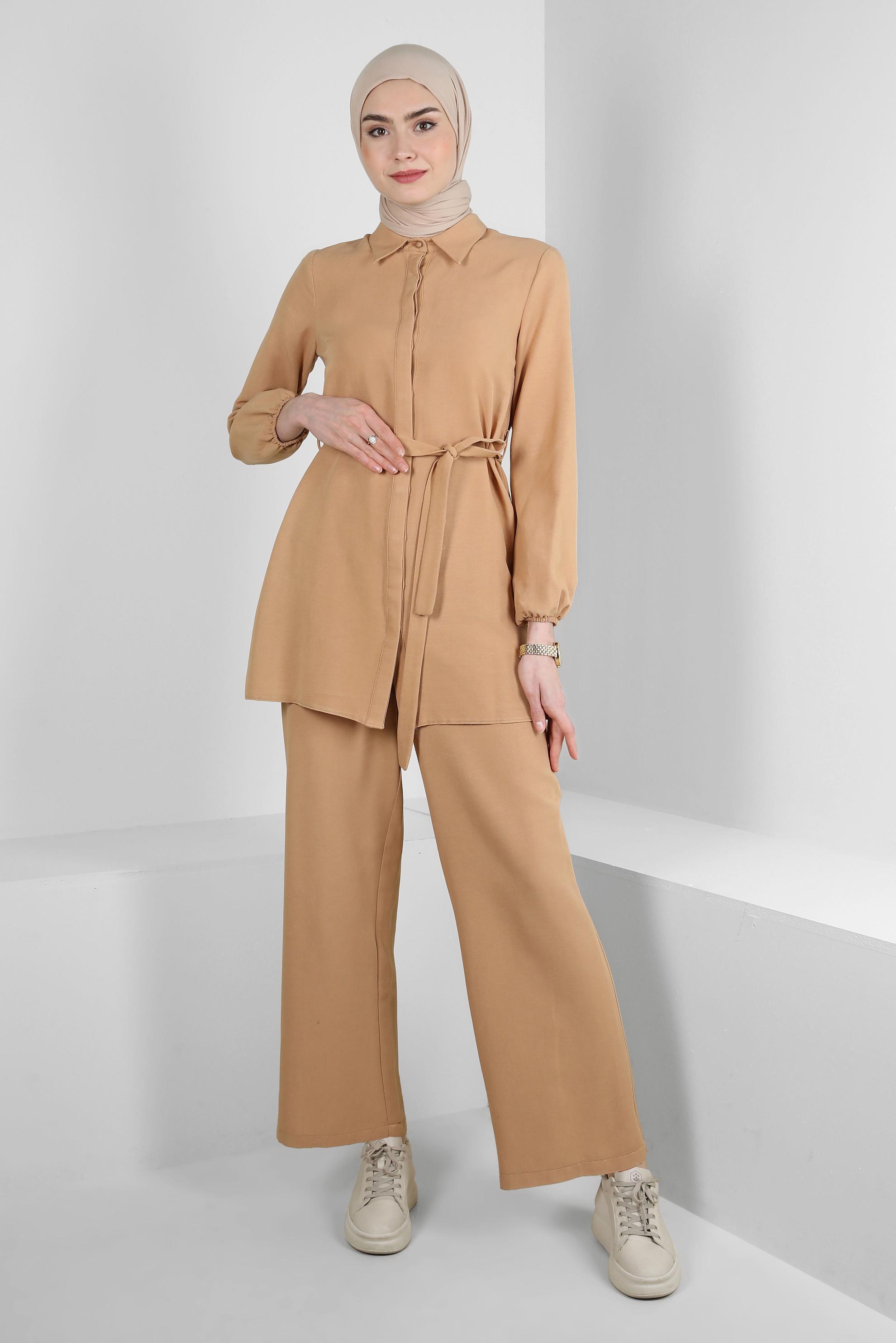 Tesettür giyim KAHVE GÖMLEK YAKA KUŞAKLI İKİLİ PANTOLONLU TAKIM 43547