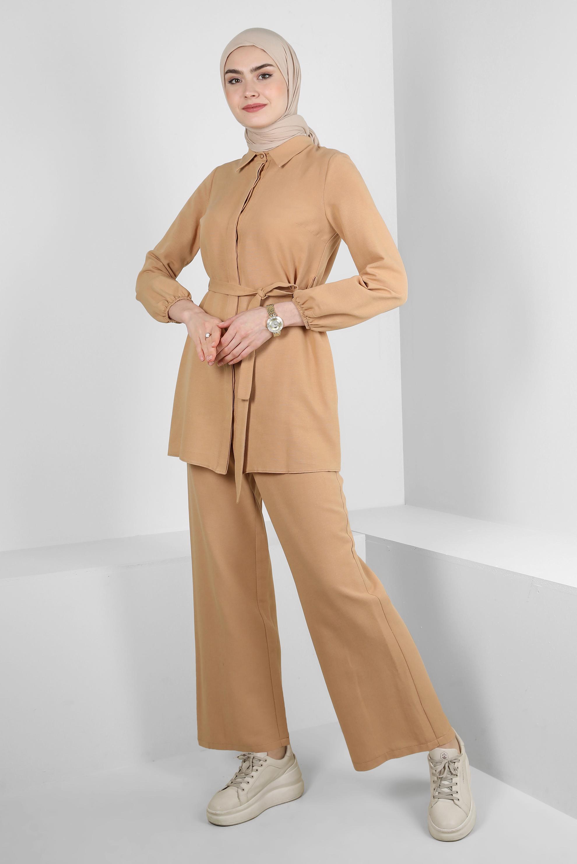 Tesettür giyim KAHVE GÖMLEK YAKA KUŞAKLI İKİLİ PANTOLONLU TAKIM 43547