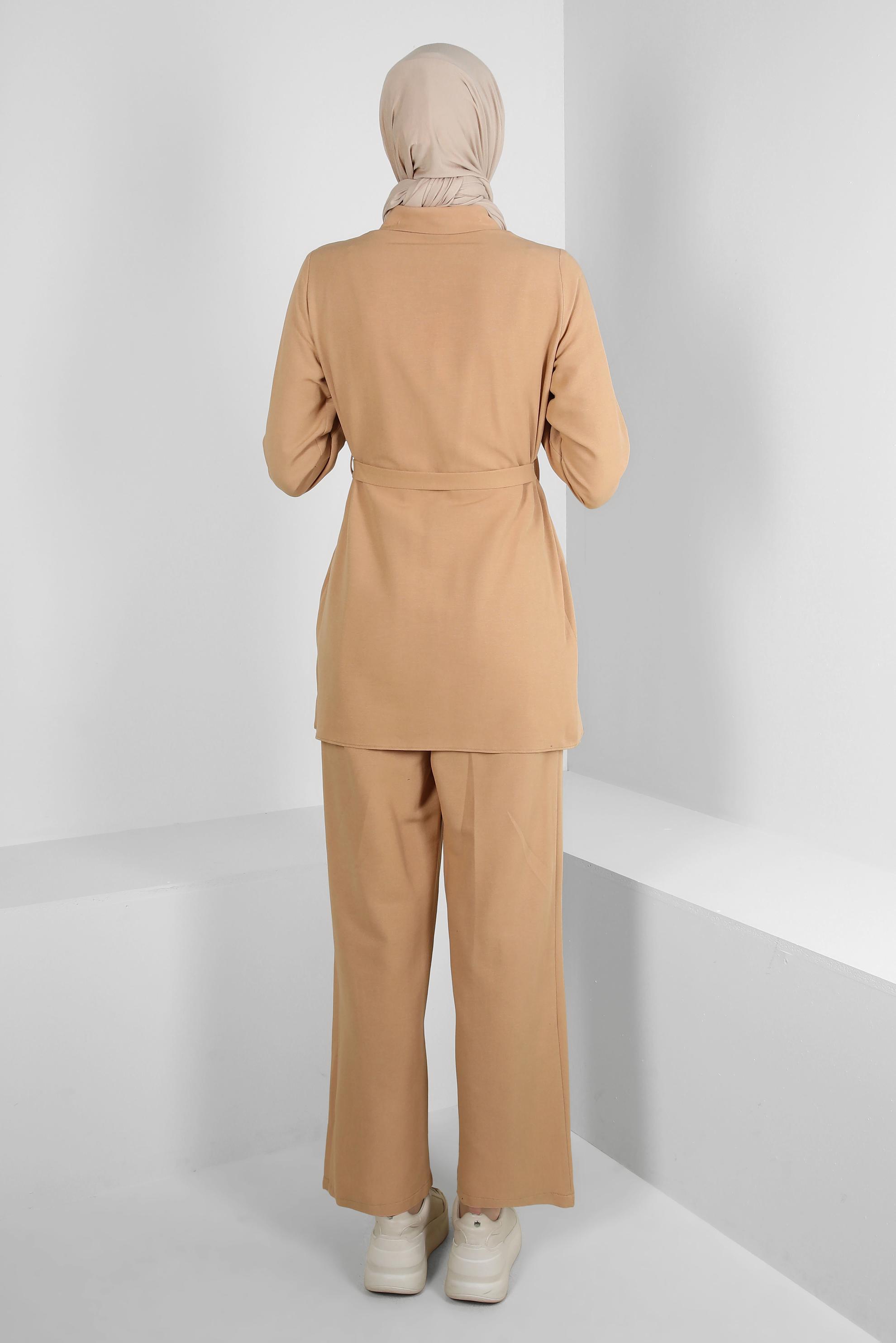 Tesettür giyim KAHVE GÖMLEK YAKA KUŞAKLI İKİLİ PANTOLONLU TAKIM 43547