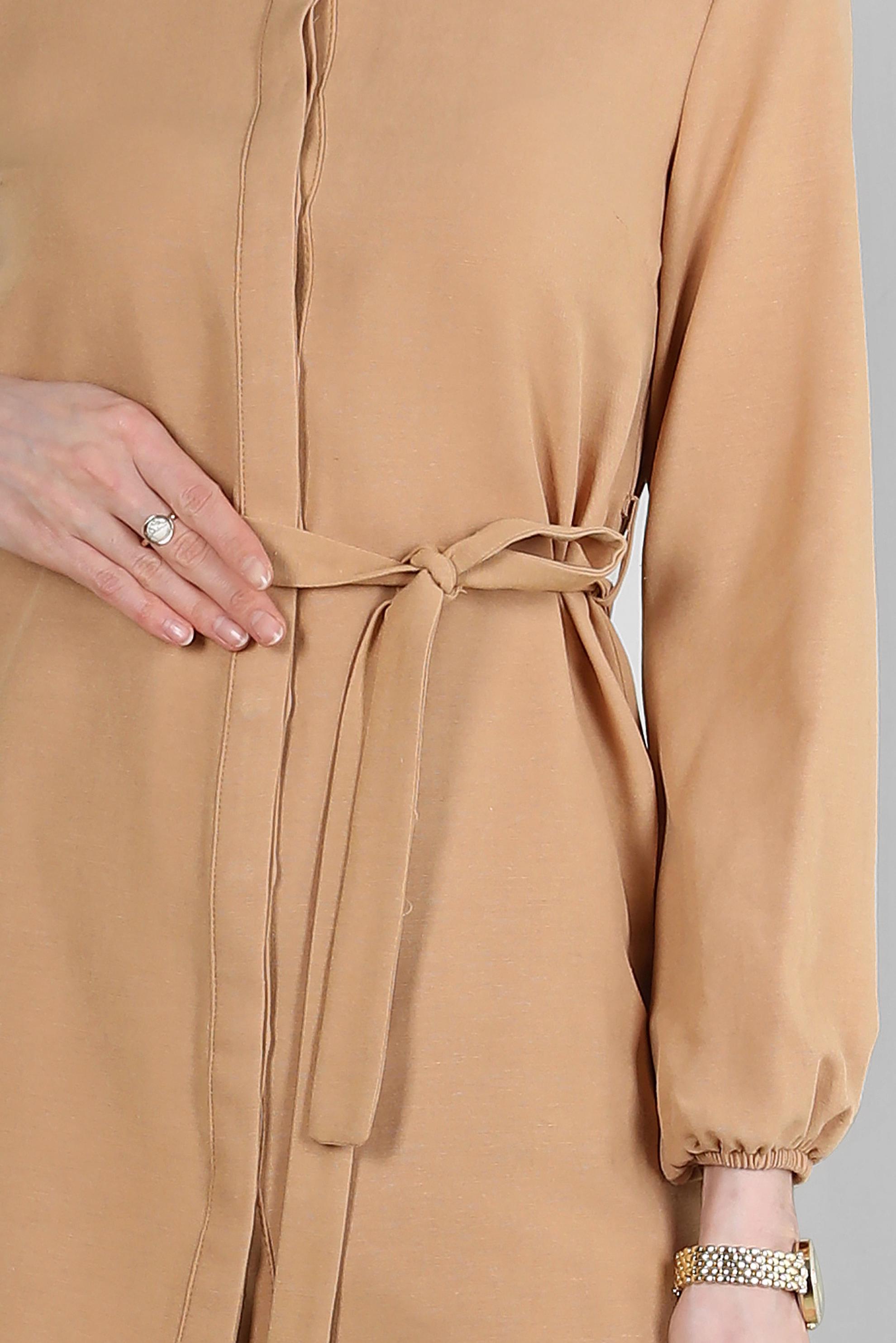 Tesettür giyim KAHVE GÖMLEK YAKA KUŞAKLI İKİLİ PANTOLONLU TAKIM 43547