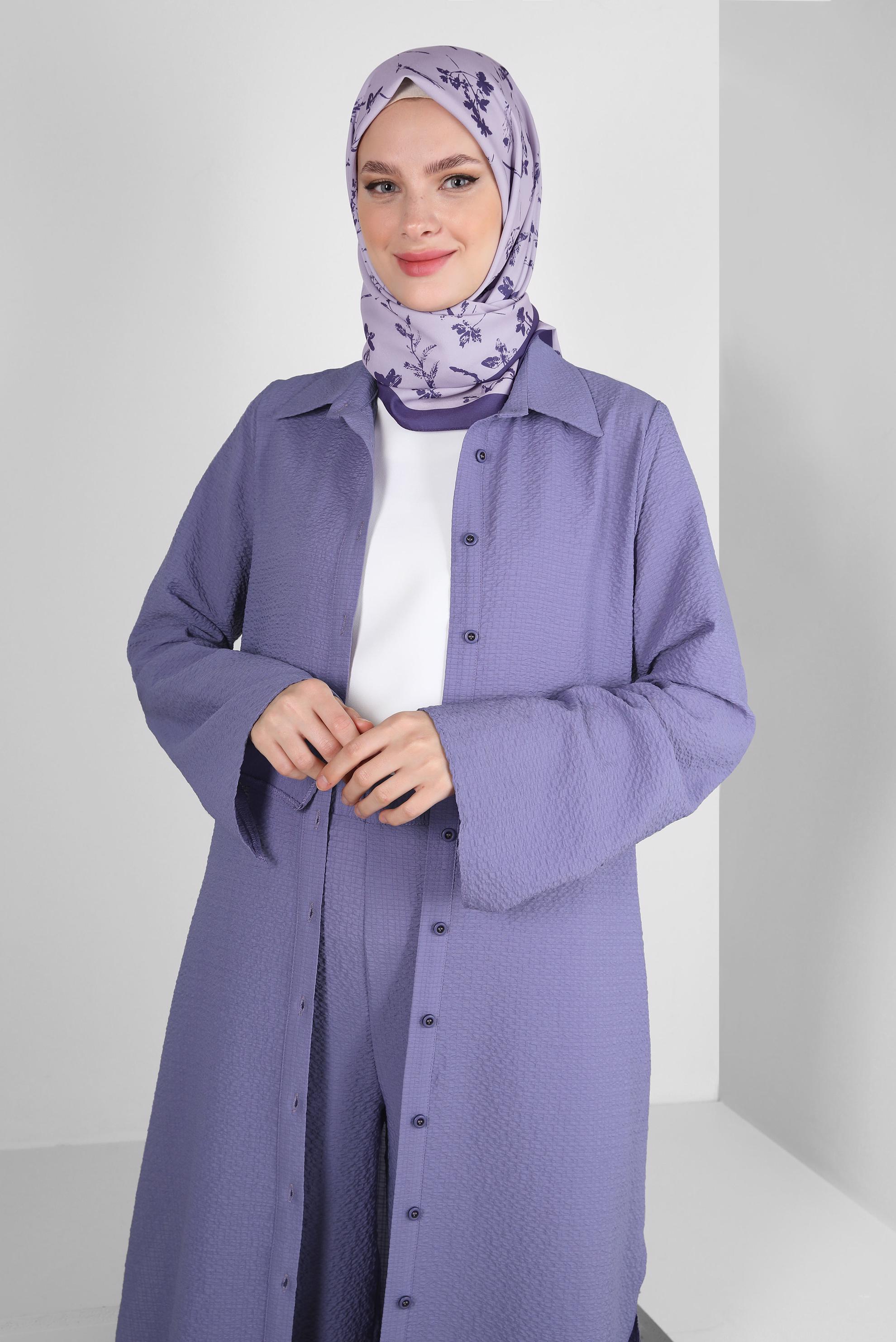 Tesettür giyim MOR YANI YIRTMAÇLI DÜĞMELİ İKİLİ PANTOLONLU TAKIM 43563