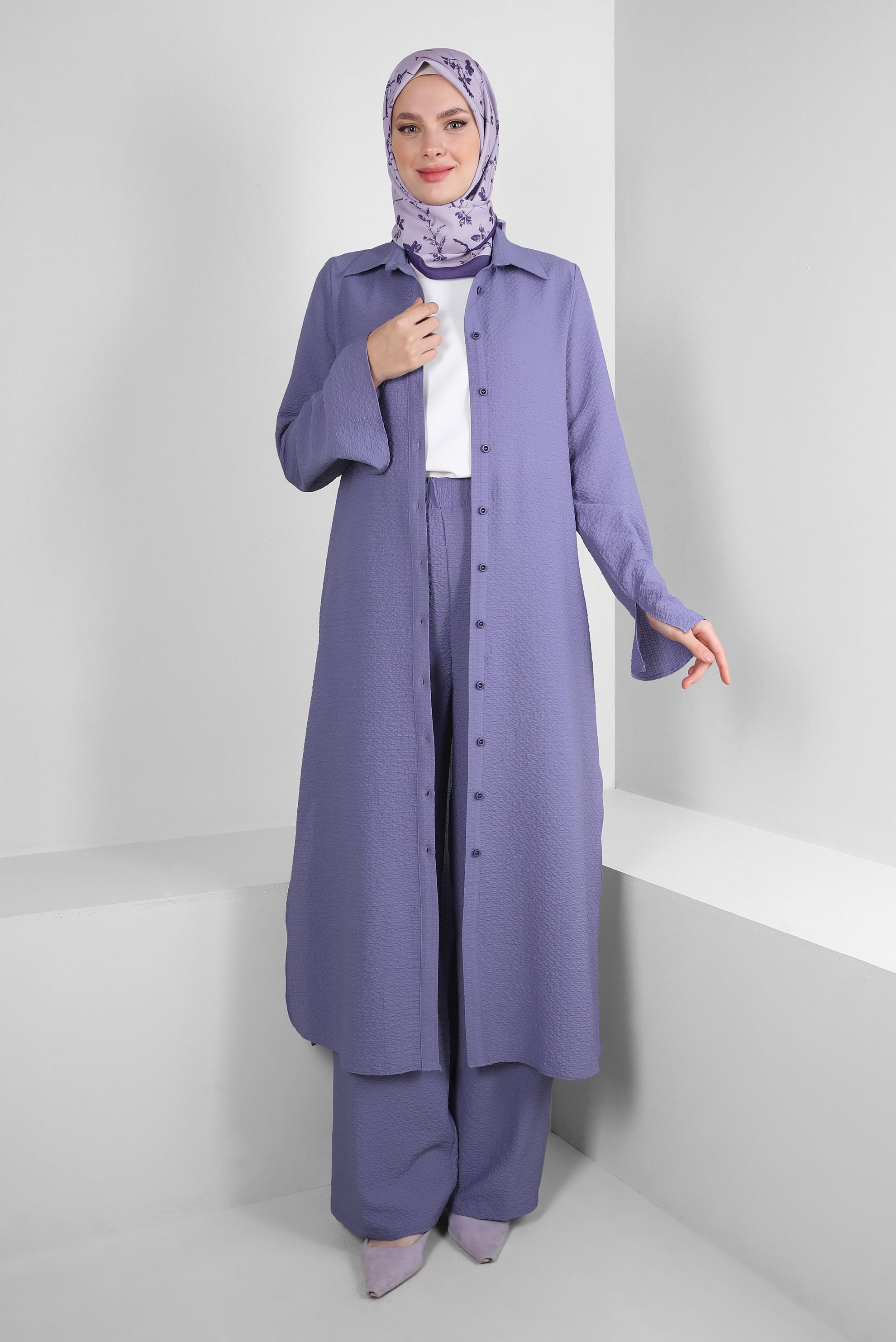Tesettür giyim MOR YANI YIRTMAÇLI DÜĞMELİ İKİLİ PANTOLONLU TAKIM 43563