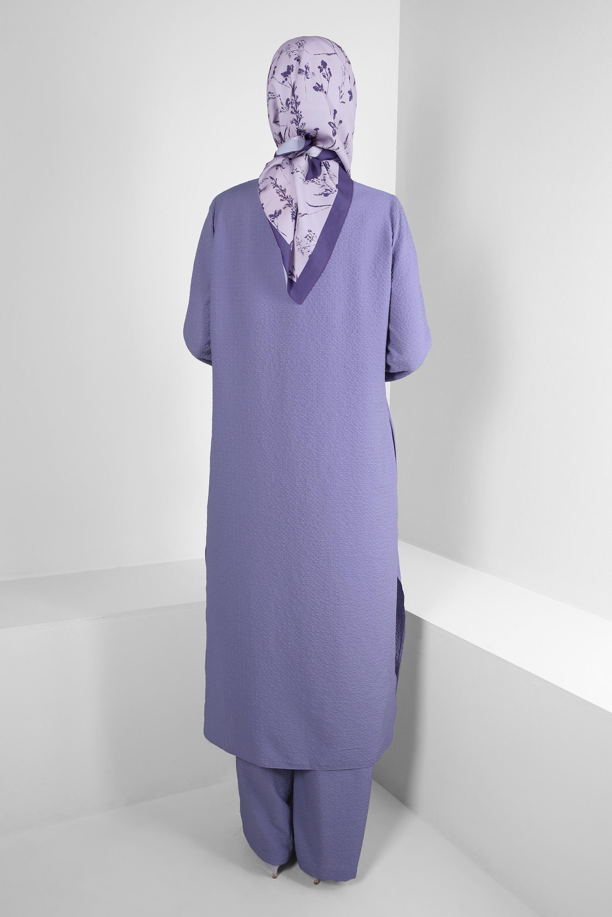 Tesettür giyim MOR YANI YIRTMAÇLI DÜĞMELİ İKİLİ PANTOLONLU TAKIM 43563