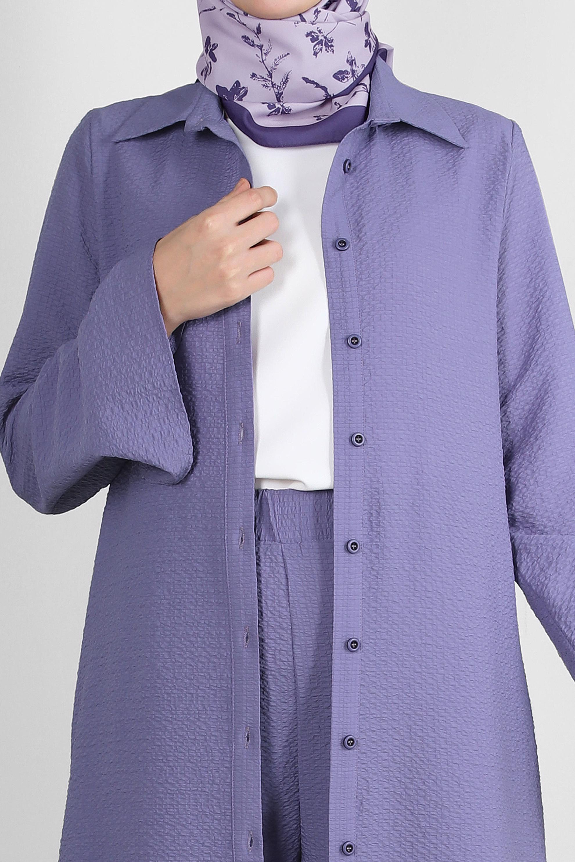 Tesettür giyim MOR YANI YIRTMAÇLI DÜĞMELİ İKİLİ PANTOLONLU TAKIM 43563